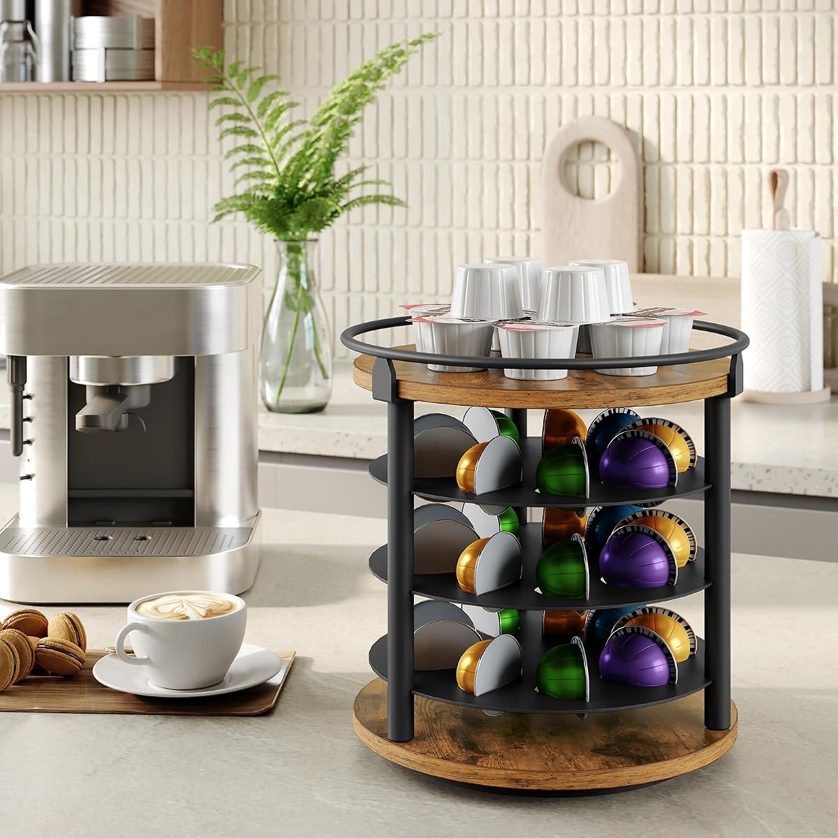 Soporte para cápsulas de café, compatible con cápsulas K Cup y Nespresso Vertuo, organizador de cápsulas de café para encimera, ahorro de espacio, marrón rústico KH03BR
