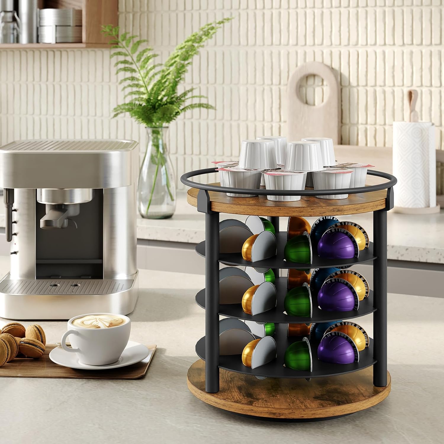 YATINEY Coffee Pod Holder, Compatible with K Cup & Nespresso Vertuo Pods, Coffee Pod Organizer for Countertop, Space Saving, Rustic Brown KH03BR