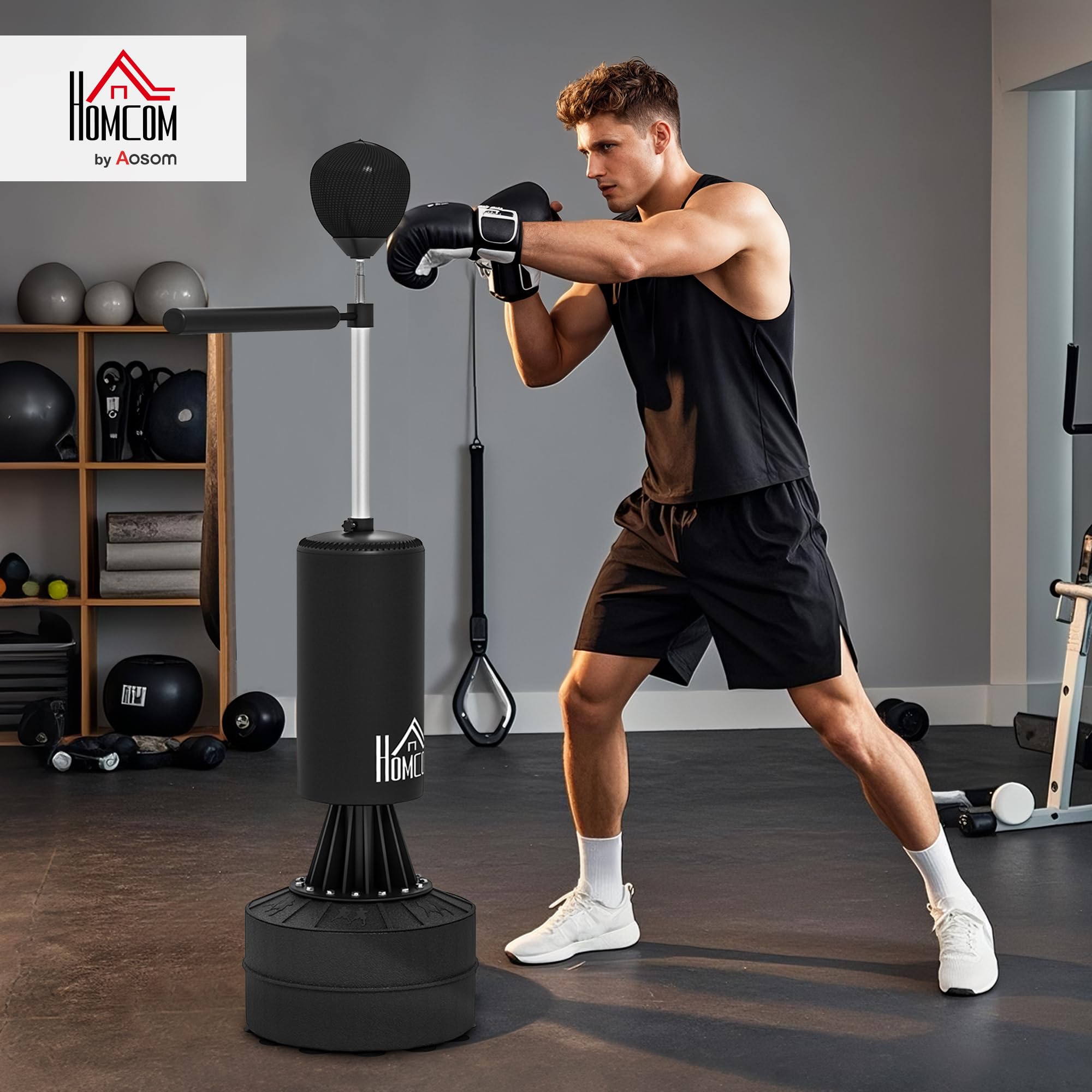 HOMCOM Sac de Frappe sur Pieds Punching Ball brunier 3 en 1 avec Ballon de Vitesse Bras Flexible Rotatif Hauteur réglable revêtement synthétique Base HDPE dim. 88L x 48l x 155-205H cm