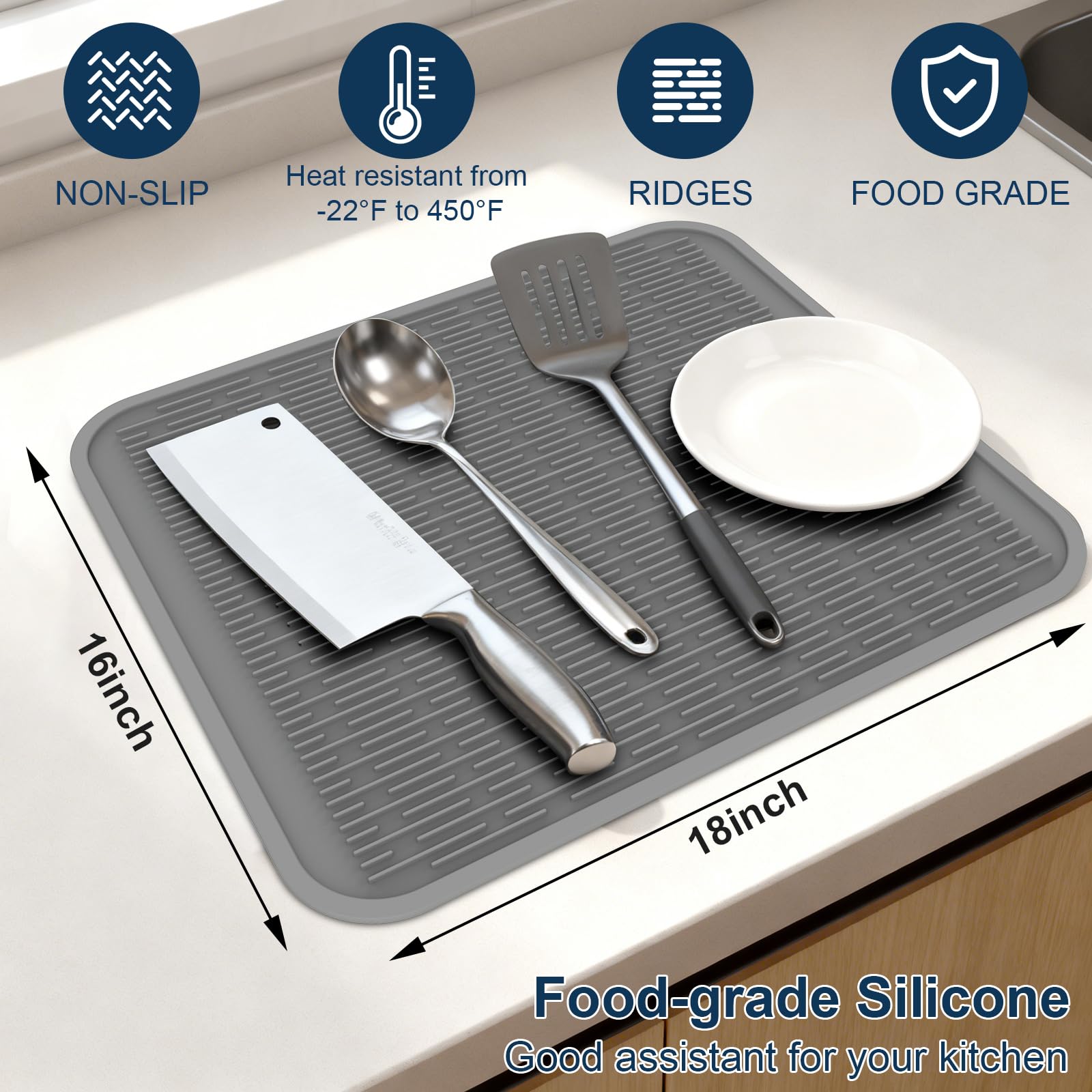 Extra großer Silikon-Untersetzer, hitzebeständig, 45,7 x 40,6 cm, Set mit 2 Abtropfmatten für Küche, Theke, Abtropffläche, Topfuntersetzer, spülmaschinenfest, Grau