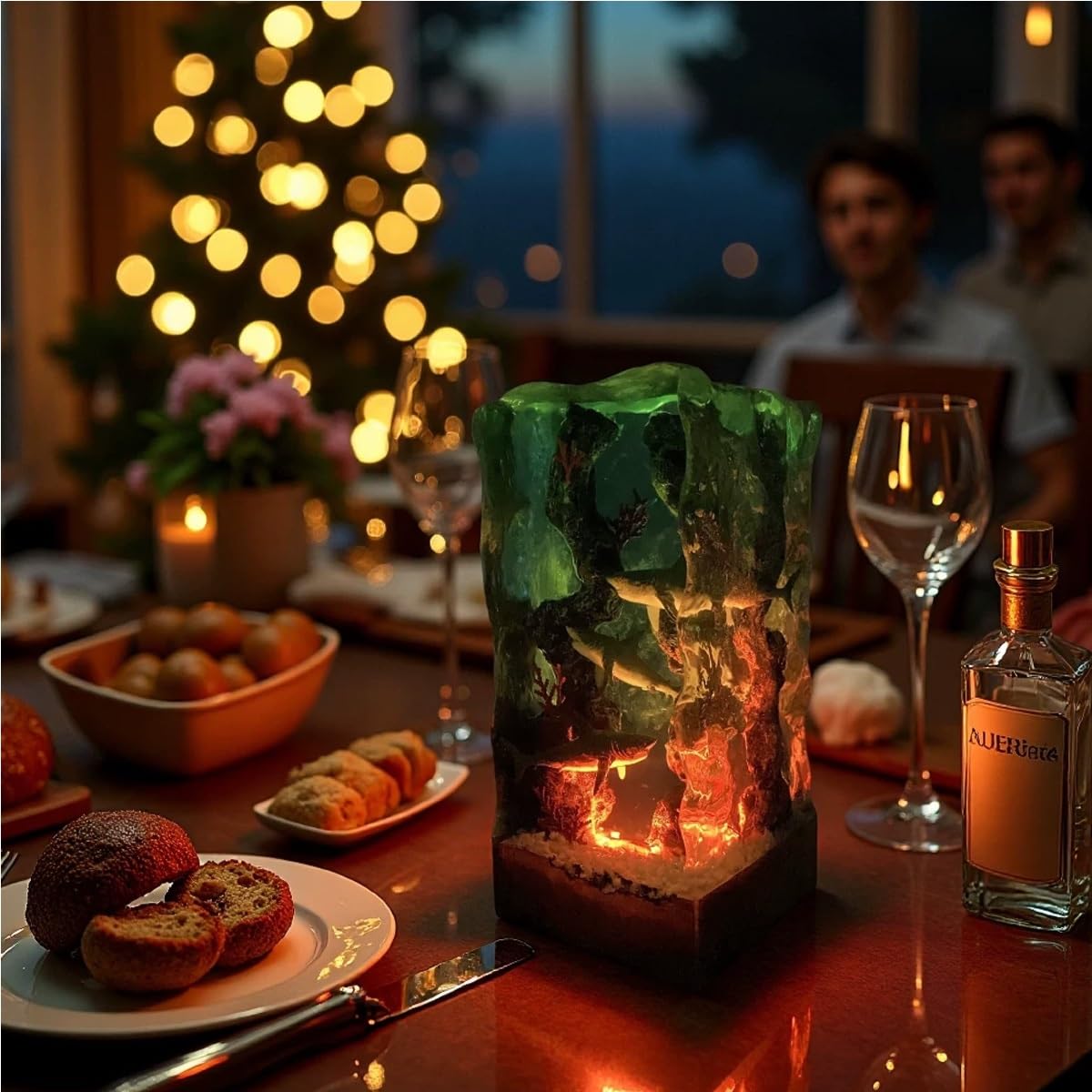 Lampada notturna resina 3D con squalo bianco e subacqueo, base legno RGB LED. Decorazione e regalo per gli amanti del mare