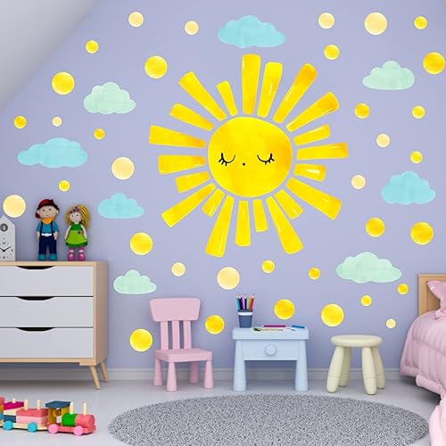Miniatura 7 de Calcomanías de pared grandes con diseño de nubes de sol, diseño de lunares, para habitación de niños, dormitorio, guardería, sala de juegos,