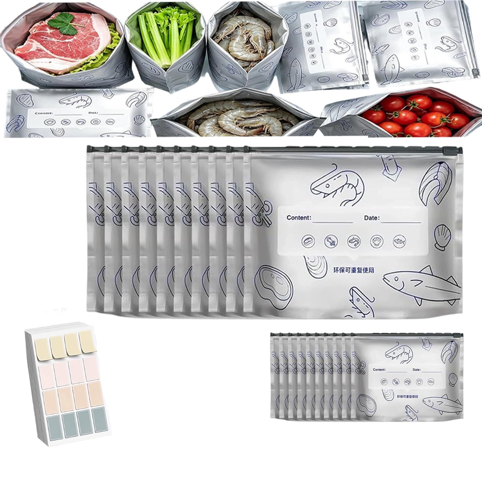 Reusable Aluminum Foil Sealable Storage Bags, Reusable Freezer Bags,Food Bags Zip Seal with Label for Frozen Meat Vegetables Sandwiches Snacks (2PC -(s+l))