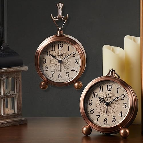 Miniatura 5 de Reloj despertador de metal analógico retro antiguo de 4.5 pulgadas, funciona con pilas, reloj de noche silencioso para colgar en la pared (bronce