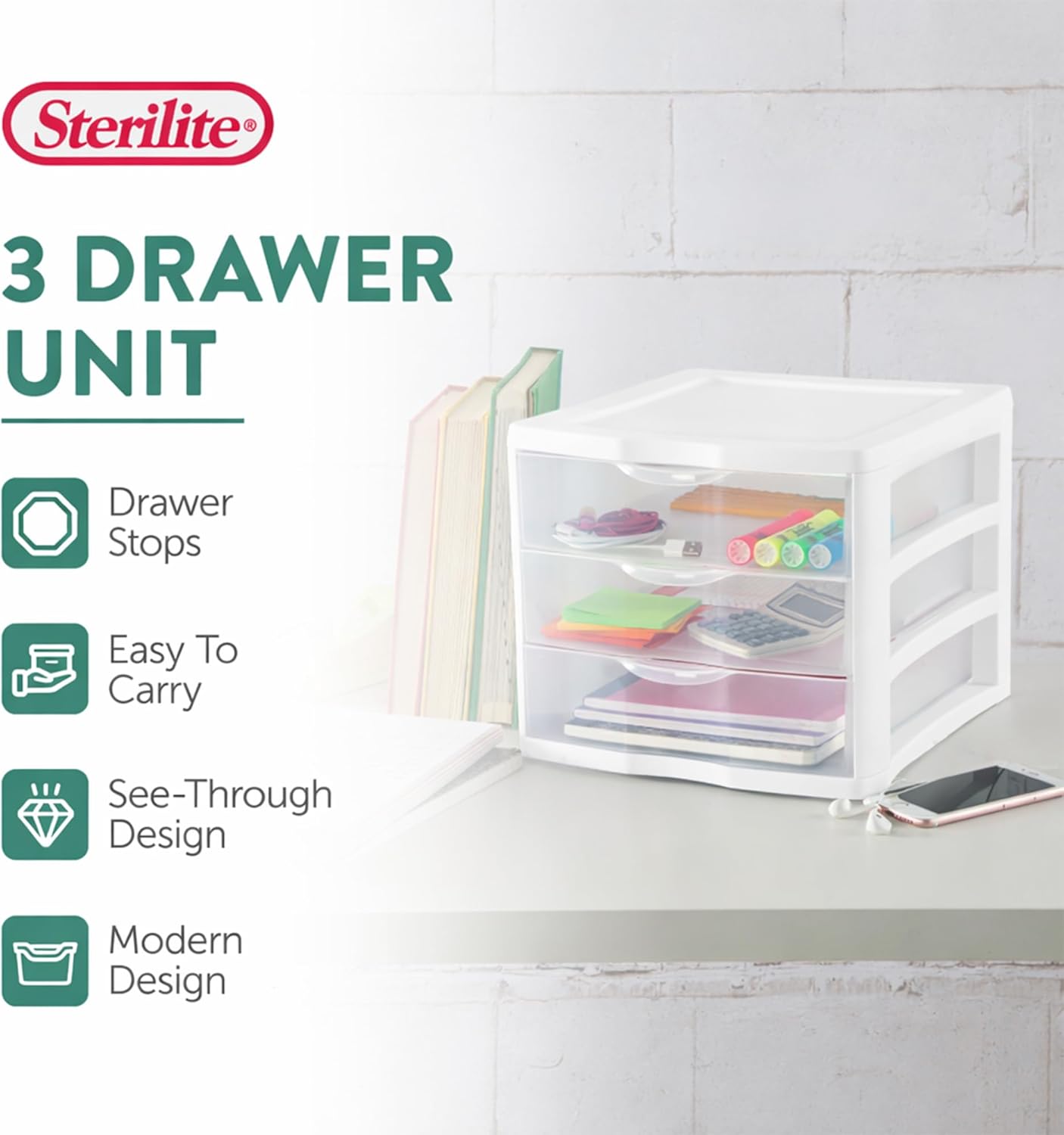 Sterilite Clearview Plastic Multipurpose Small 3 Drawer Desktop Storage Organization Unit for Home, Classrooms, or Office Spaces, White, 6 Pack - Image 4