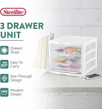 Sterilite Clearview Plastic Multipurpose Small 3 Drawer Desktop Storage Organization Unit for Home, Classrooms, or Office Spaces, White, 6 Pack