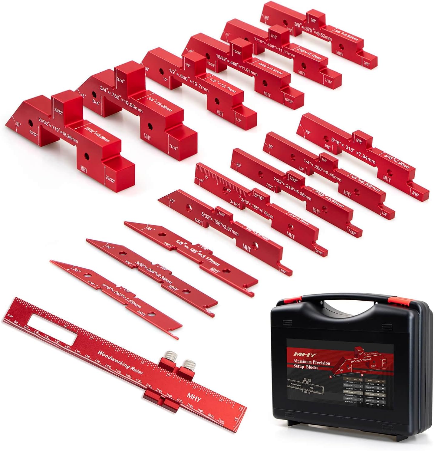 MHY 15 PCs 6061-T651 Aluminum Table Setup Blocks for Woodworking |Height, Depth, Angle & Fence Alignment Gauge Set with Laser-Marked and Durable Storage Case