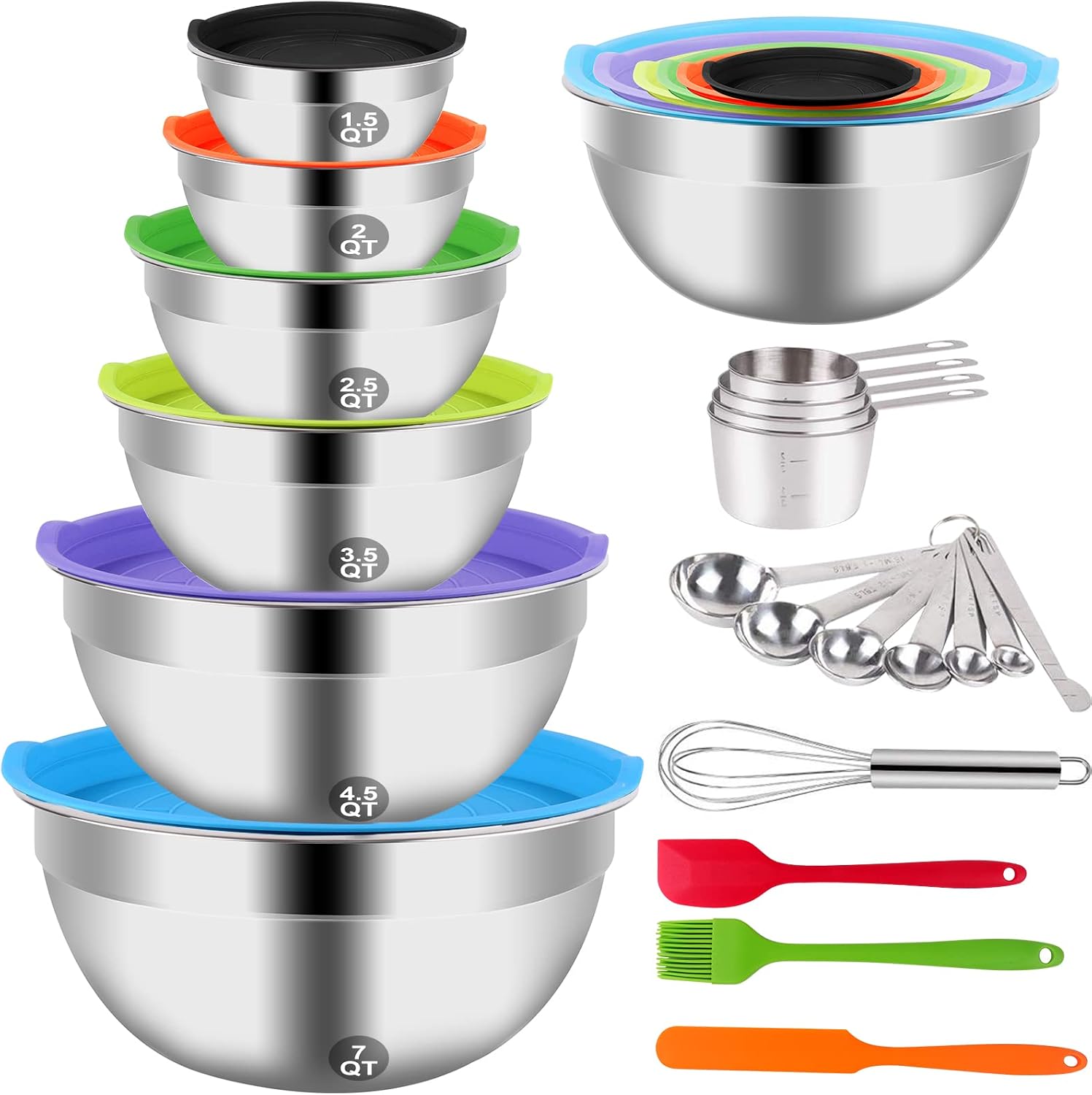 Mixing Bowls with Lid Set, 23PCS Kitchen Utensils Metal Bowl Stainless Steel Nesting Bowls, Measuring Cups and Spoons, Egg Whisk for Baking Prepping Cooking Serving Supplies