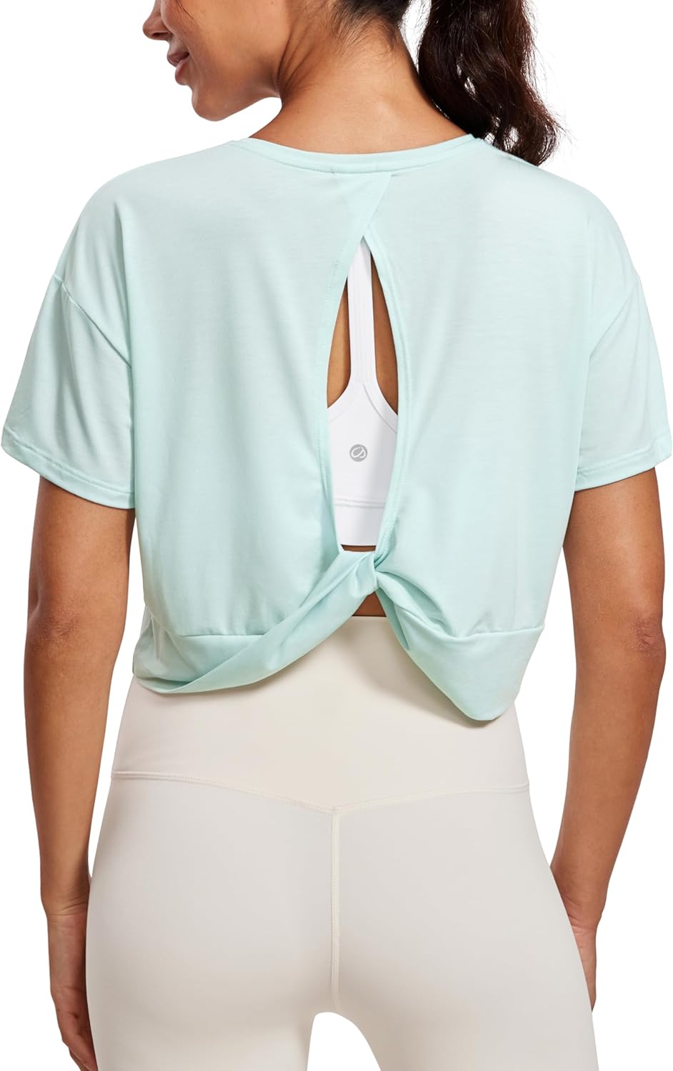 CRZ YOGA Open Back Short Sleeve Crop Top for Women Loose Athletic Yoga Workout Shirts Casual Cropped T-Shirts