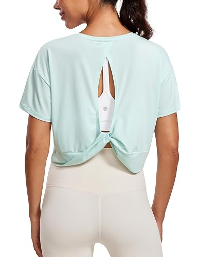 CRZ YOGA Open Back Short Sleeve Crop Top for Women Loose Athletic Yoga Workout Shirts Casual Cropped T-Shirts