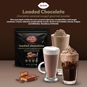 SLOJO Loaded Gourmet Chocolate Powder Caramel Nougat Flavor Drink, Chocolate Mix, Frappe Mix, Mochas, Lattes, Milkshakes and Smoothies, Hot or Cold Beverage Mix, 2 Lbs