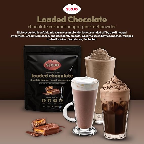 SLOJO Loaded Gourmet Chocolate Powder Caramel Nougat Flavor Drink, Chocolate Mix, Frappe Mix, Mochas, Lattes, Milkshakes and Smoothies, Hot or Cold Beverage Mix, 2 Lbs
