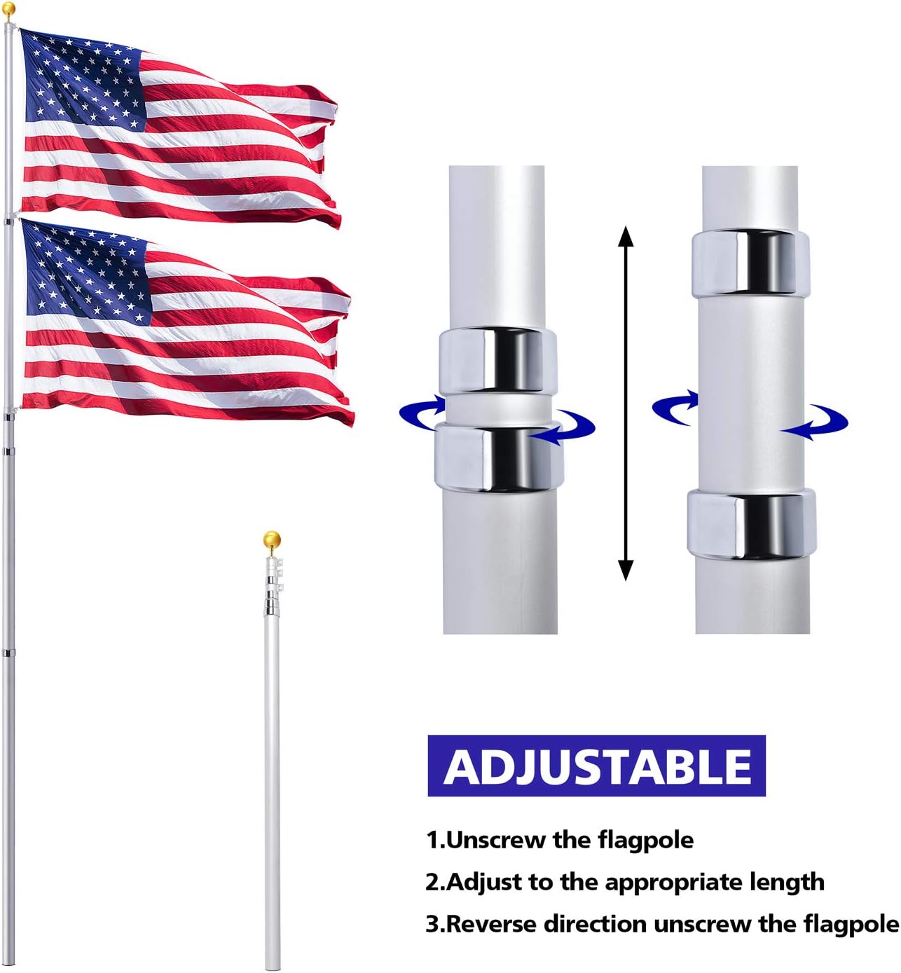 Klvied 30FT Telescopic Flag Pole, Heavy Duty Aluminum Flagpole Kit Fly 2 Flags, Outdoor Extra Thick Flag Pole with 3x5 America Flag, Golden Ball Top for Commercial, Residential, Outdoor Use