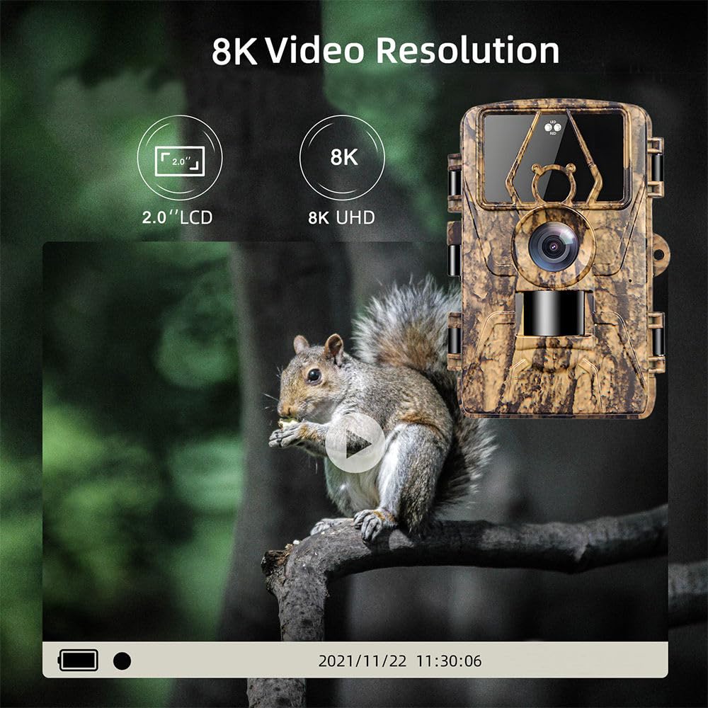 8K Video Wildlife Kamera, 60MP Full HD WiFi mit Handyübertragungs-App, Bewegungssensor, Nachtsicht, 0,1s Auslösezeit, Infrarot Wildlife Kamera mit 32G Speicherkarte & Karte