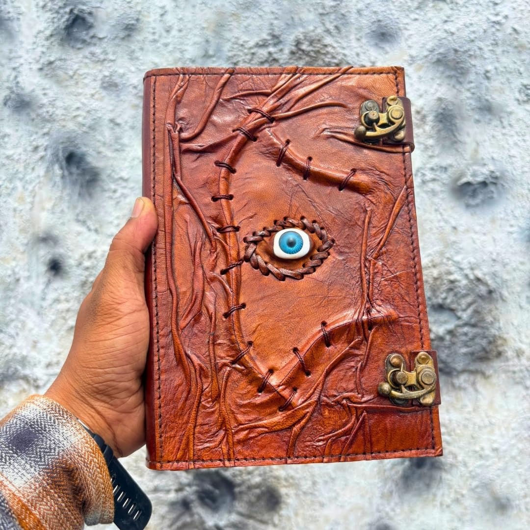 Hocus Pocus Leather Journal with Lock Clasp Refillable 6x9 Notebook with Witch Magic Eye Cover Ideal for Sketching, Writing, Drawing, Journaling, & Witchcraft Wiccan Halloween Decorations Prop