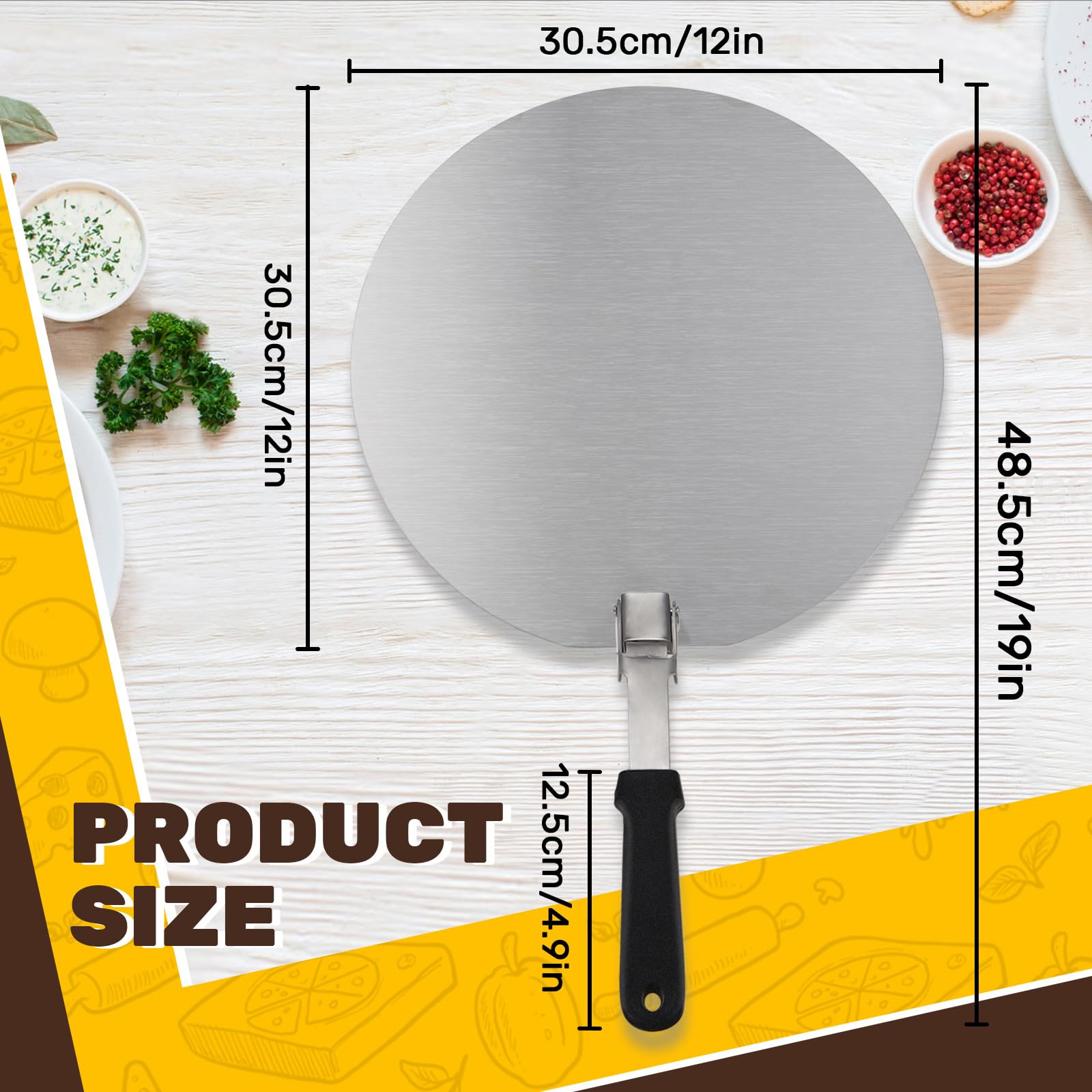 SNOMEL Stainless Steel Pizza Peel 12 Inch with Folding Handle, Round Metal Pizza Spatula Paddle Foldable, Easy Storage Pizza Shovel for Oven Accessories Baking Dough Bread Pastry