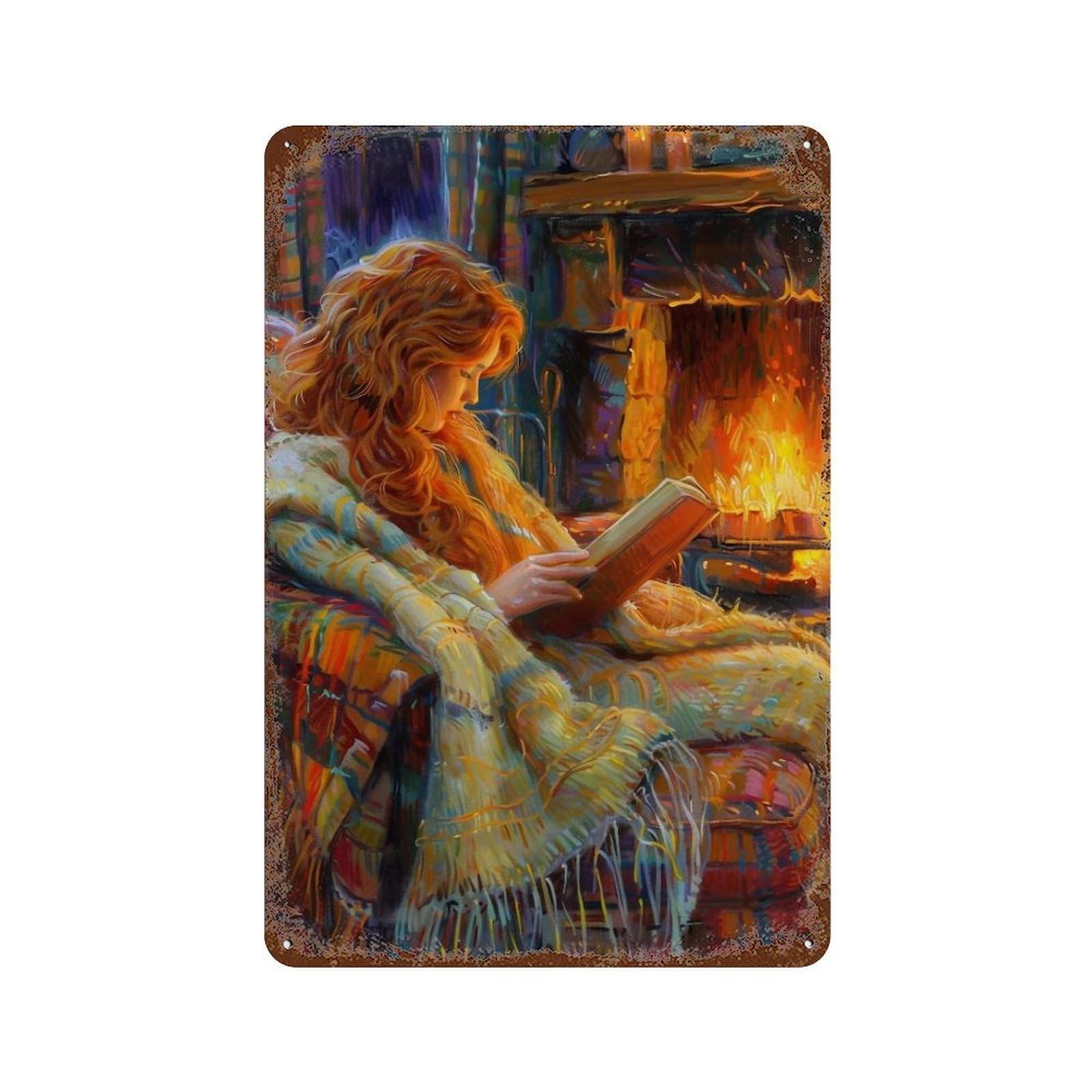 Hduryeyryy Multicolour Reading By Firelight 04 Wall Retro Iron Vintage Art Metal Tin Sign Poster Modern Home Cofffee Club Art Bar Shop Decor 30X20cm