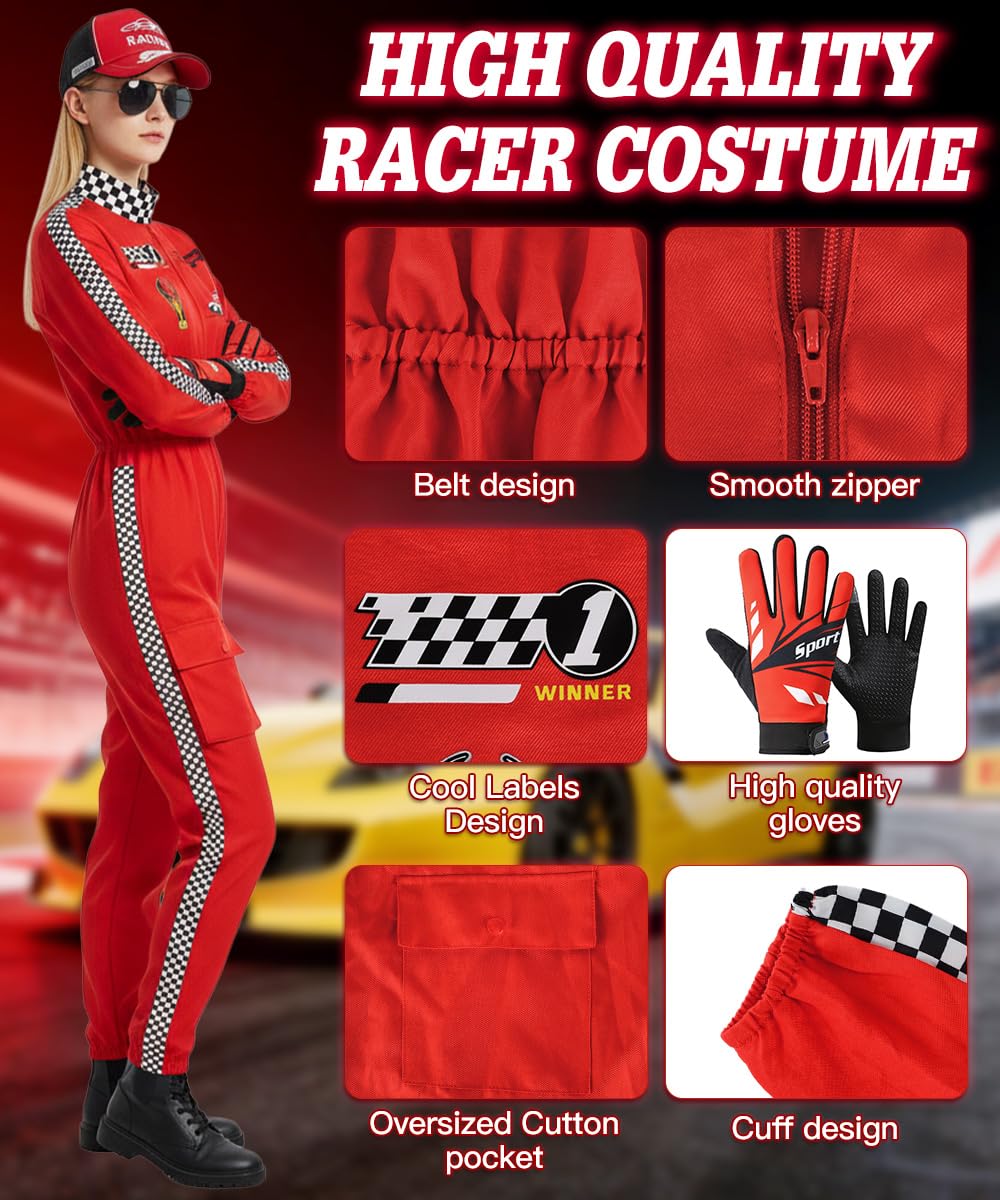 Costume da Pilota di Auto da Corsa per Donna, Racer Overall Outfit con Guanti, Cappello e Occhiali da Sole, Costume da Gioco di Ruolo Adulti, Tuta da Pilota per Carnevale Cosplay Halloween