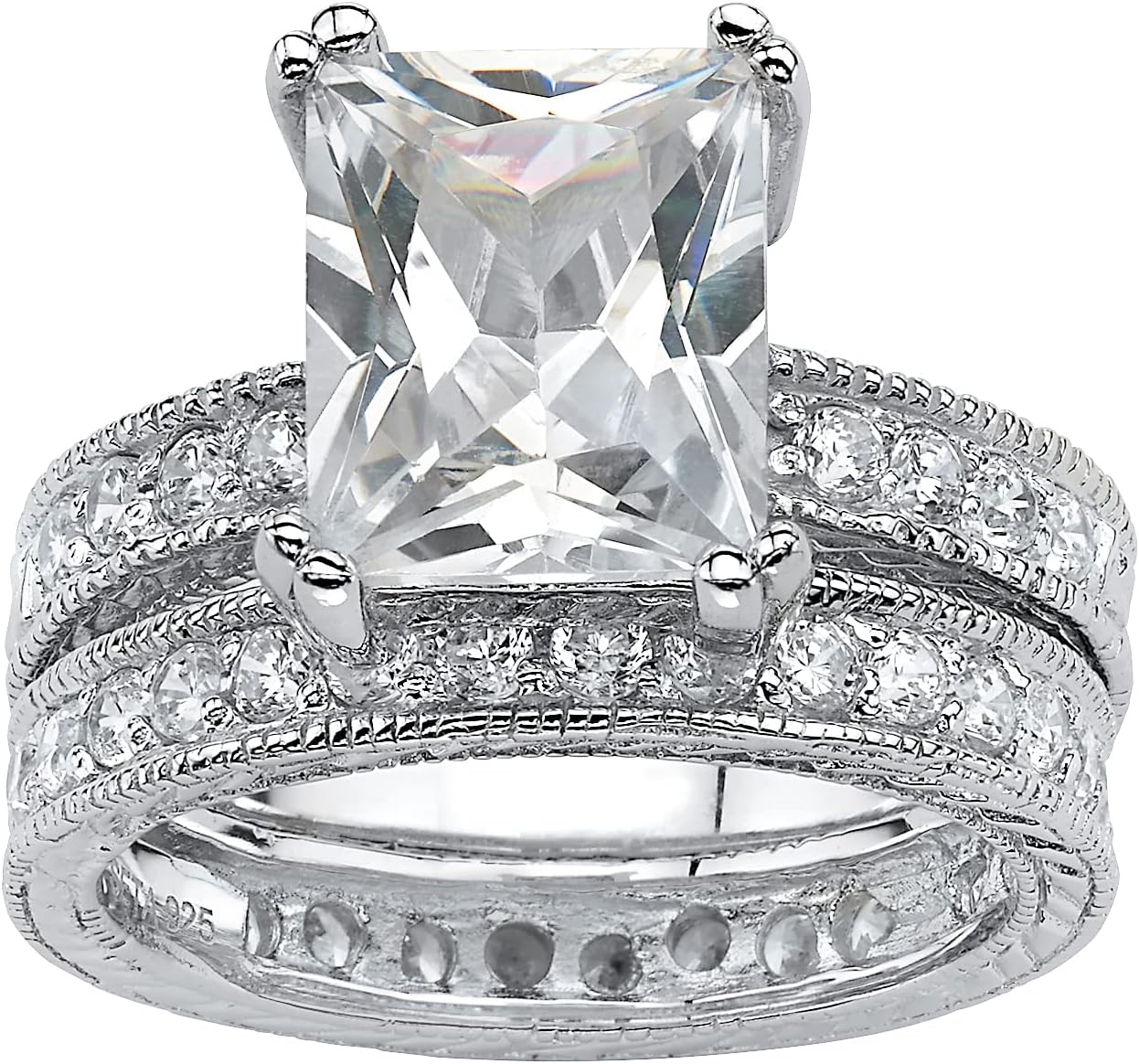 PalmBeach Sterling Silver Emerald Cut Cubic Zirconia Bridal Ring Set Sizes 5-10