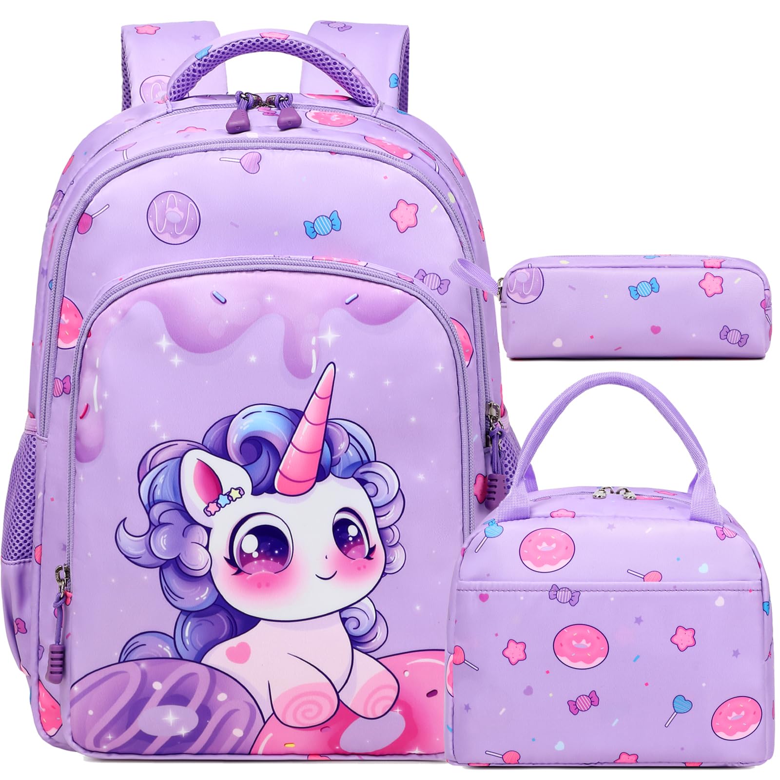 Kimwadalh Girls Backpack with Lunch Box Pencil Case for Elementary School, 3 in 1 Schoolbag with Chest Strap for School Girls