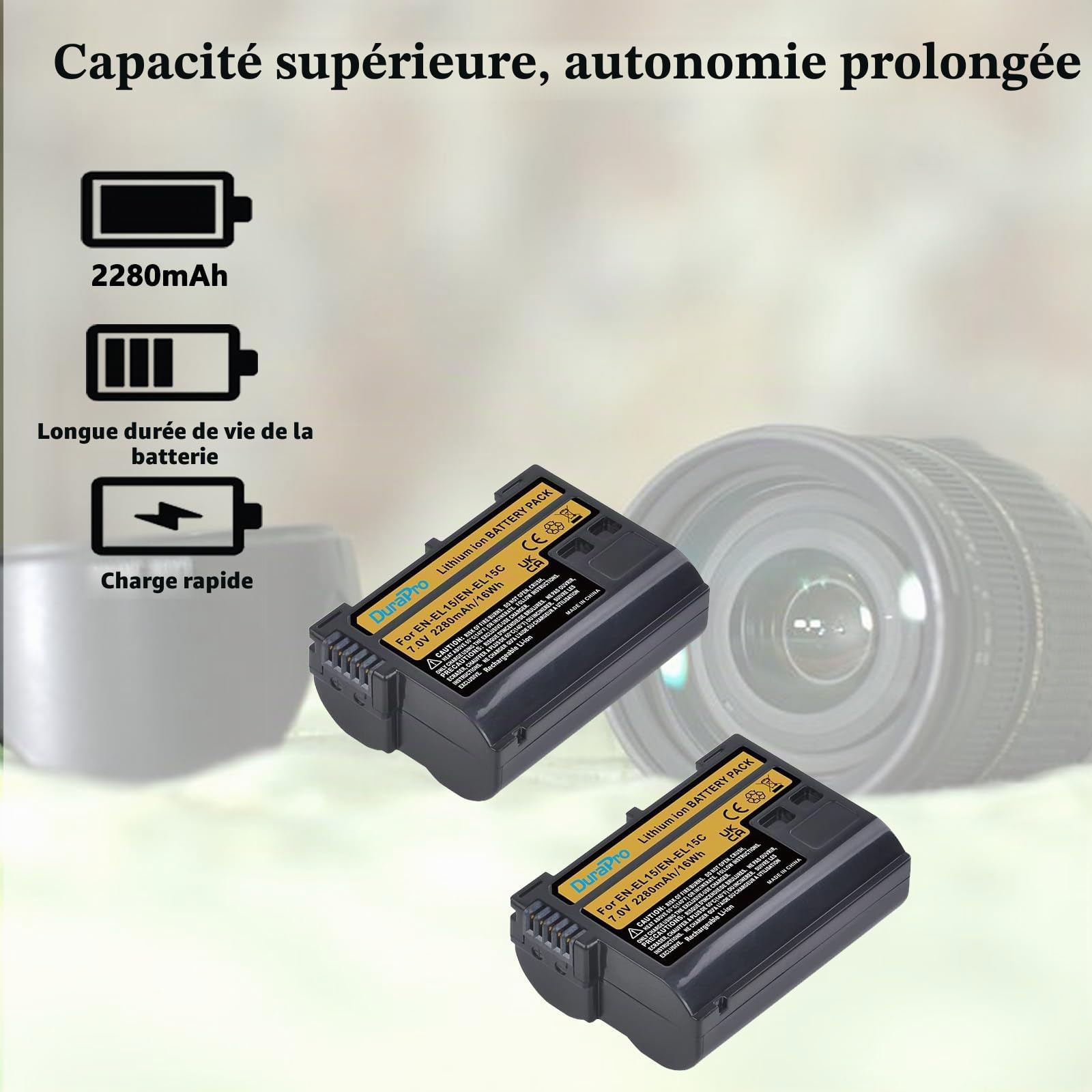 DuraPro Lot de 2 batteries 2280 mAh EN-EL15C EN-EL15 + chargeur LED USB double avec port de type C pour Nikon EN-EL15a EN-EL15b Z6 II Z7 II Z5 Z6 Z7 D500 D600 D750 D800 D810 D850