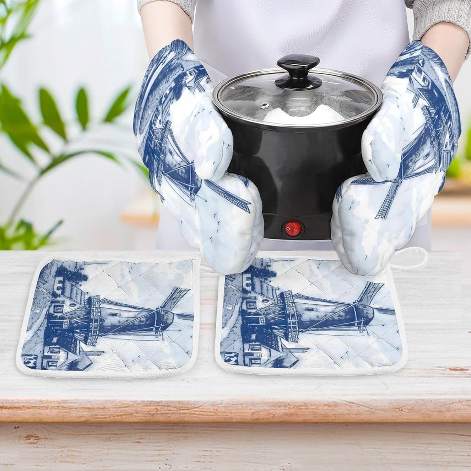 Nederland Cute Vintage Dutch Windmill Delft Blue Oven Mitts and Potholders BBQ Gloves Cooking Gloves for Cooking Baking Grilling