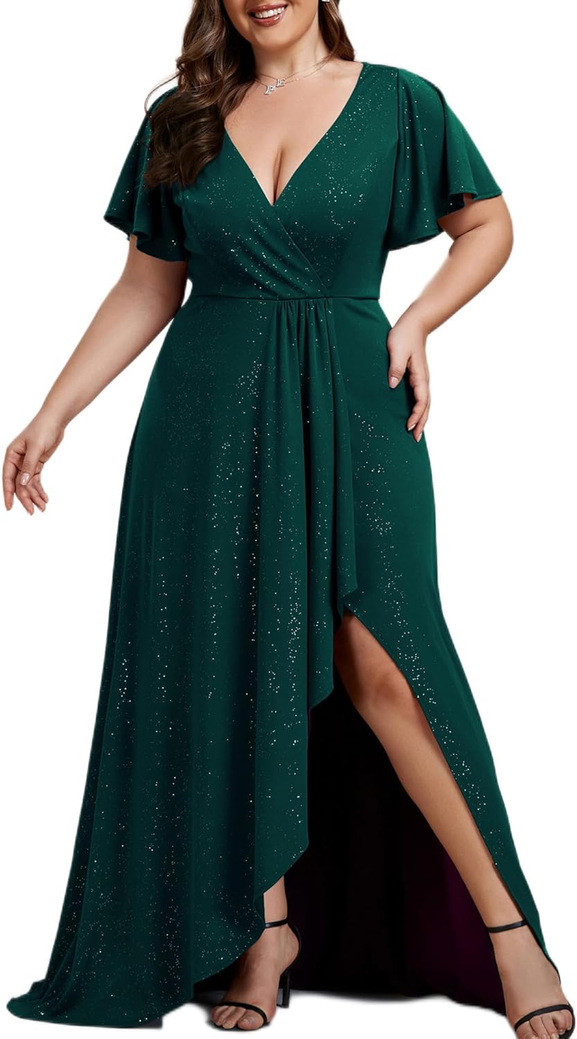 Ever-Pretty Women's Glitter Stretchy V Neck A-line High Low Plus Size Formal Dresses with Ruffles Sleeves 01738-PH
