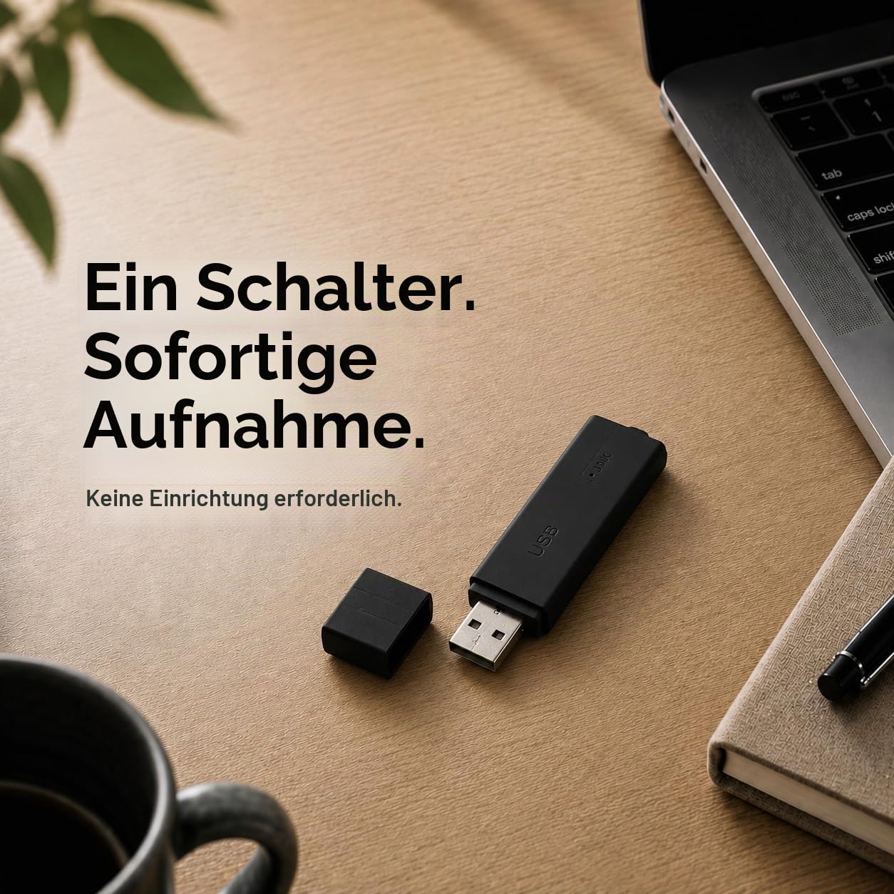 USB Audiorekorder mit Geräuscherkennung - Bis zu 288 Std. Aufnahme, 24 Std. Akkulaufzeit | Mini Diktiergerät ohne App für Meetings, Vorlesungen & Notizen