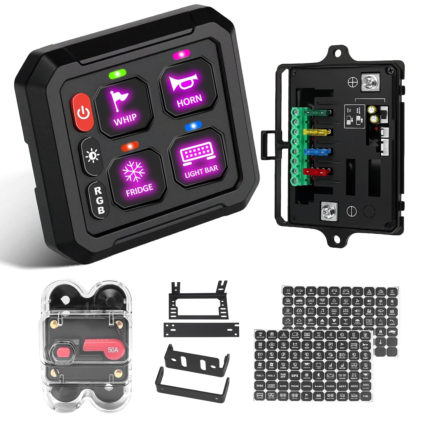 Chelhead 4 Gang Switch Panel with 50A Circuit Breaker Waterproof IP65 RGB Multifunction 3 Inch Switch Panel Compatible with Off Road SUV UTV ATV Boat Truck Accessories