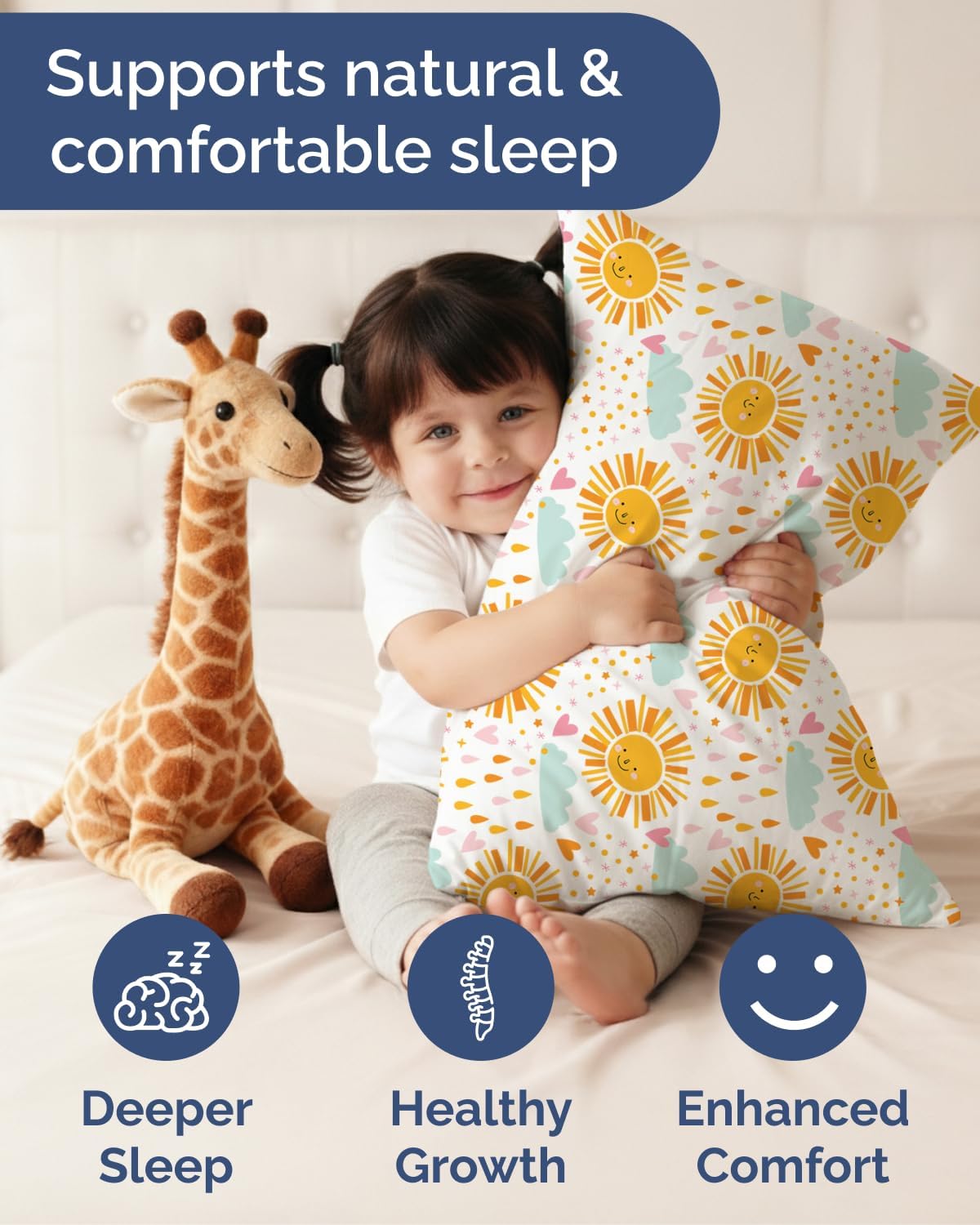 Toddler Pillow with Sun Microfiber Pillowcase - 13x18 Small Kids Pillow for Sleeping, Travel, Car, Nursery & Toddler Bed - Soft, Cute & Fluffy - Ideal for Crib & Cot - Machine Washable - Ages 2 and Up