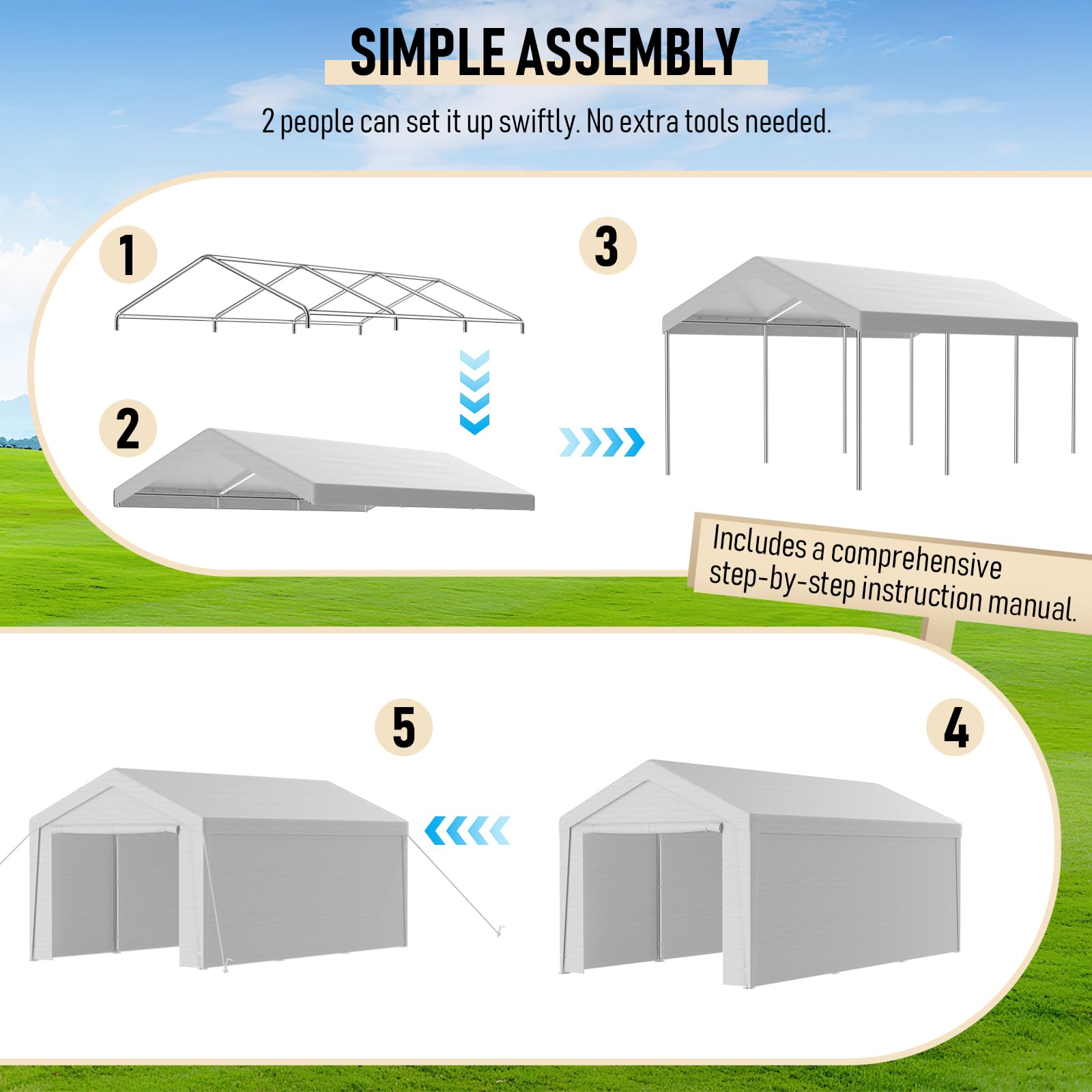 Carport Tenda Garage 3 x 6 m – Tenda da garage impermeabile con pareti laterali rimovibili – Resistente ai raggi UV – Rifugio invernale per auto, SUV, camion, barca, tenda da giardino, garage, bianco