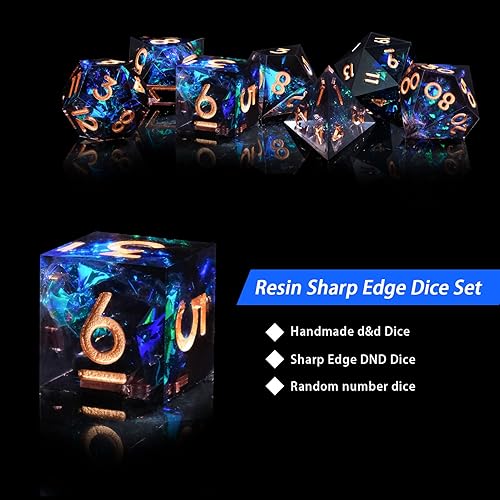 Miniatura 5 de DND - Juego de dados de resina de borde afilado, hecho a mano, 7 dados poliédricos, juego de dados DND RPG MTG, juego de dados para juegos de rol,