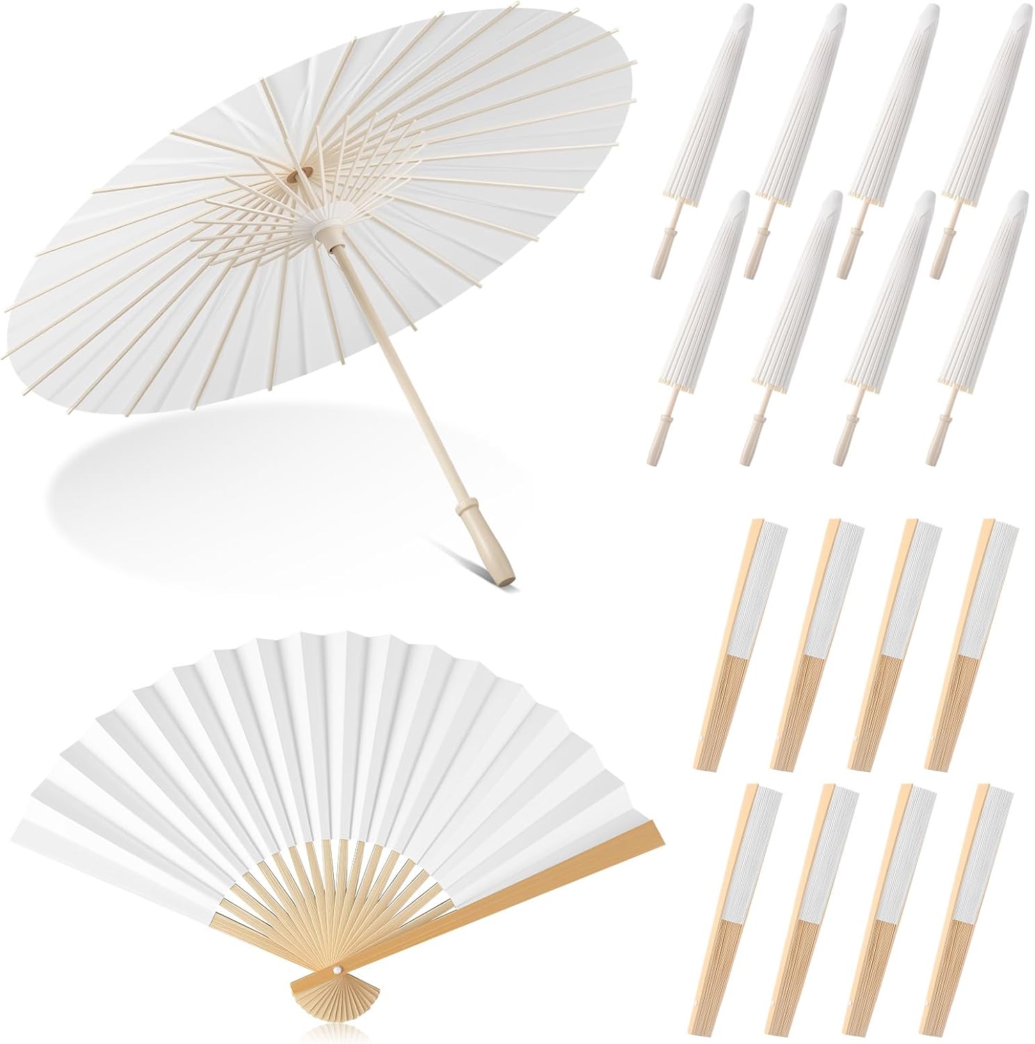 16/24/72/100 Pcs Wedding Paper Parasol Umbrella with Fans, Bamboo Parasol for Bridal Shower Garden Party Decor