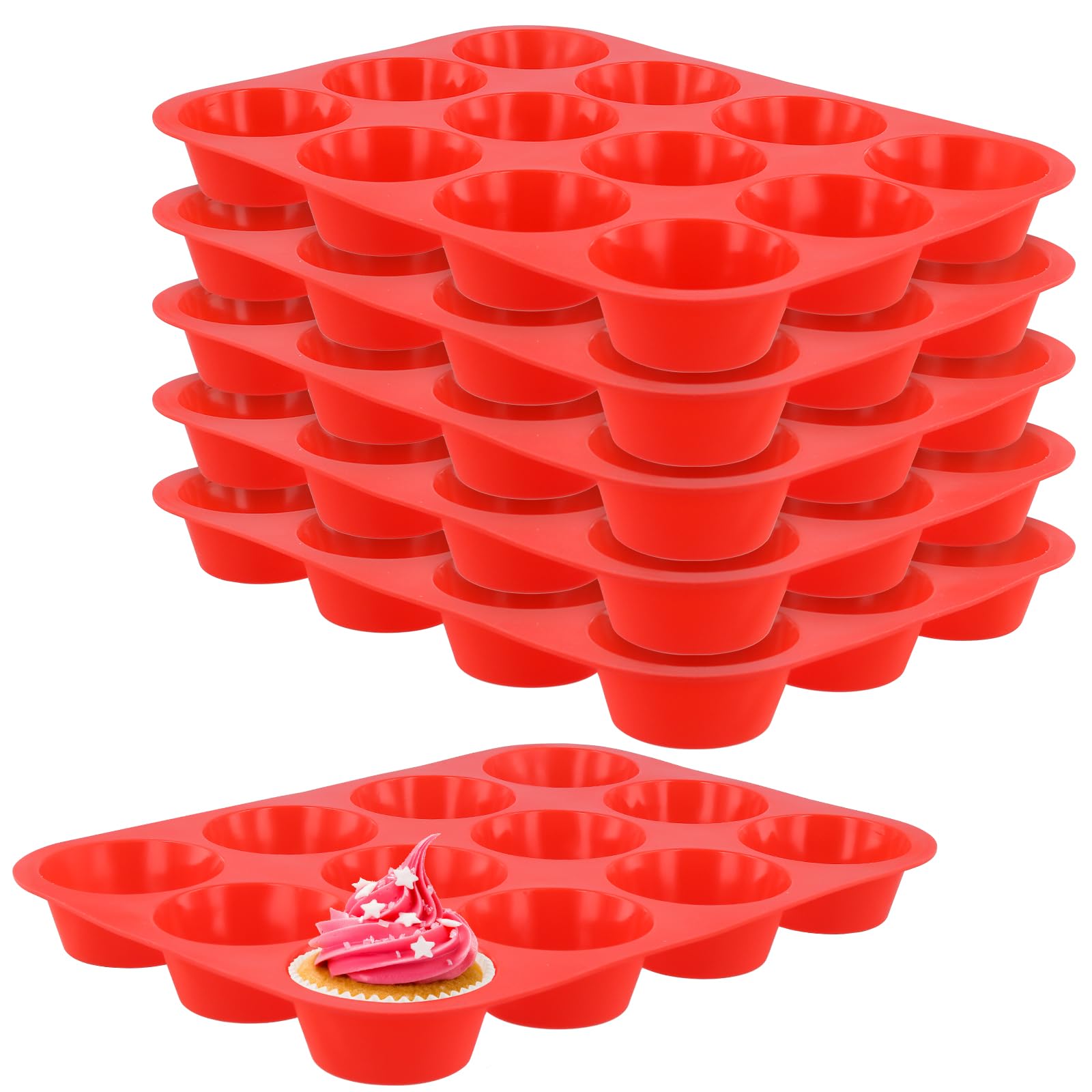 SENJEOK 6PCS 12 Cup Silicone Muffin Cupcake Baking Trays, Non Stick Mini Silicone Loaf Pudding Moulds for Muffin Cakes, Tart, Red, Individual Cup 6.5cm