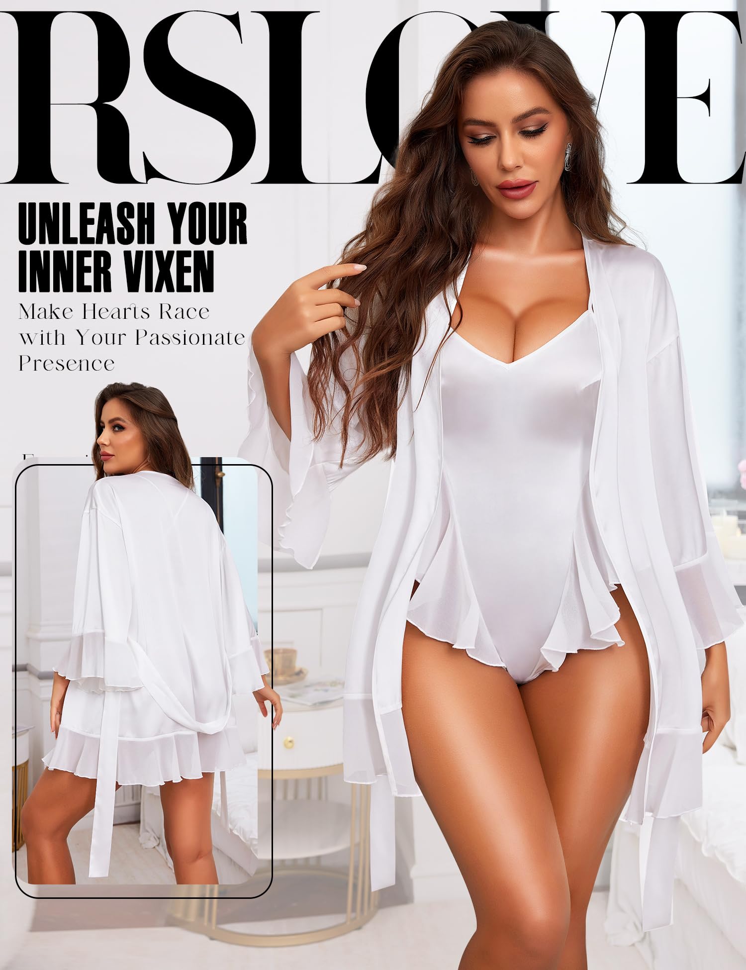 RSLOVE Women Sexy Lingerie Set - 2 Piece Lace Kimono with Teddy Lingerie Satin Robe Set Bodysuit Nightgown