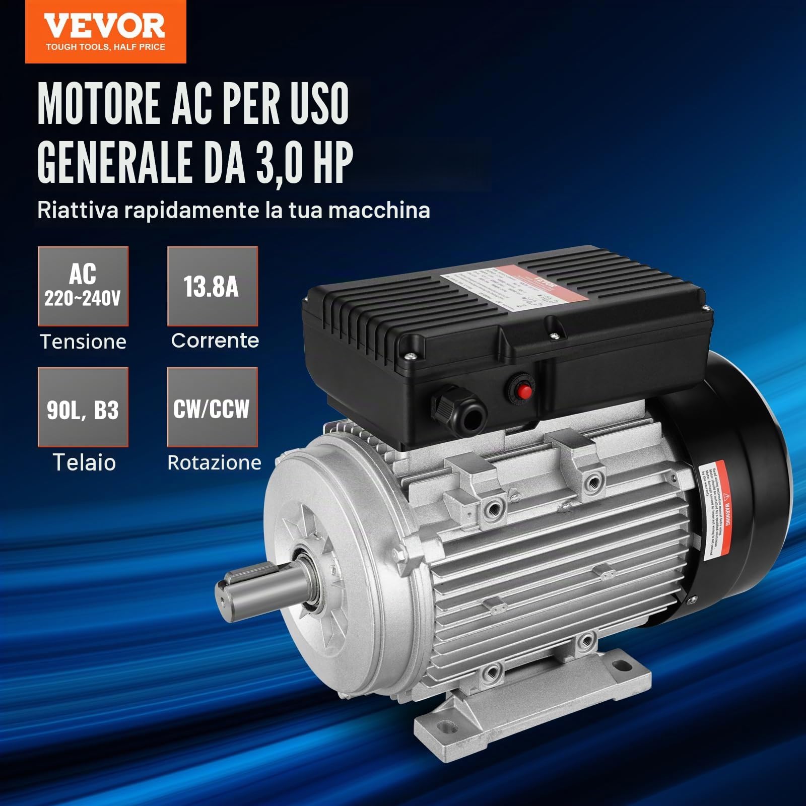 VEVOR Motore Elettrico 2,2KW 2800 Giri/min, AC 220~240V 13,8A, 90L, Telaio B3, Motore Compressore d'Aria Monofase, Albero Chiavetta 24mm, Rotazione CW/CCW Macchine Agricole e Attrezzature Generali
