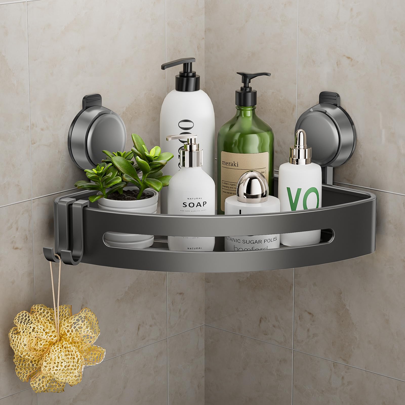 ONXE Shower Caddy Corner Suction Cup Shower Caddy with Hooks No Drilling Rustproof Aluminum Bathroom Organizers and Storage