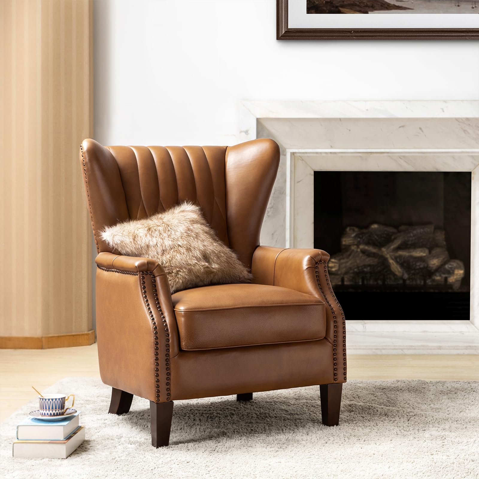 Living Room Leather Wingback Armchair Next HULALA HOME Genuine