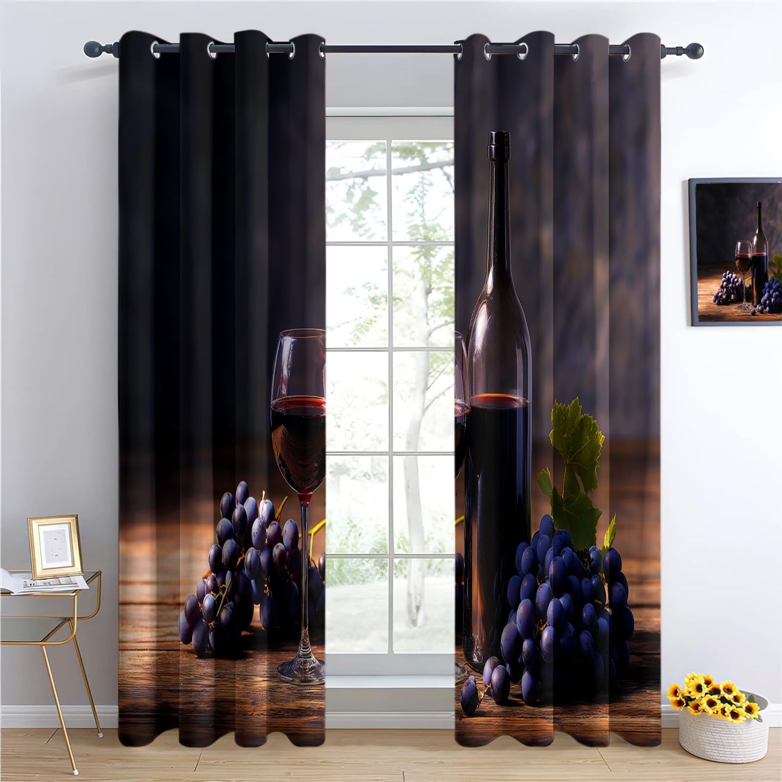 CozyRest Blackout Curtains for Kids Boys Girls, Wine Print Eyelet Curtains, Thermal Insulated Window Drapes for Childrens Nursery Baby Playroom, 2 Panels 46 x 54 inch