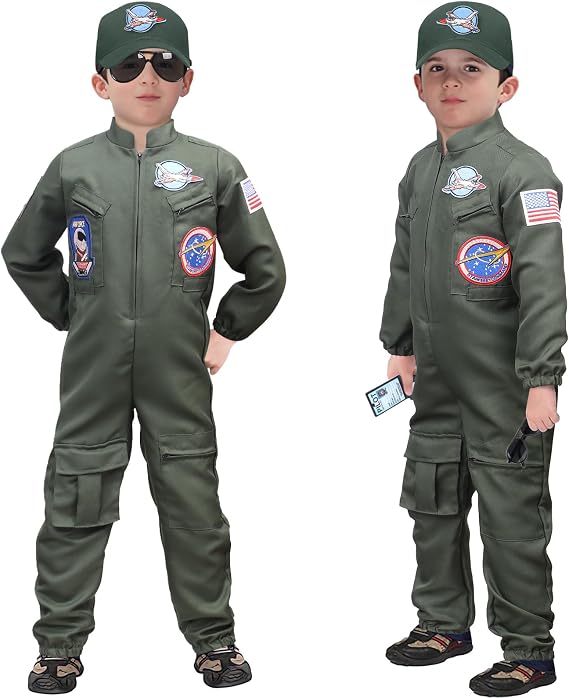 Tacobear Fighter Pilot Costume for Kids Boys Air Force Flight Suit Army Aviator Dress Up Accessory Halloween Birthday Cosplay