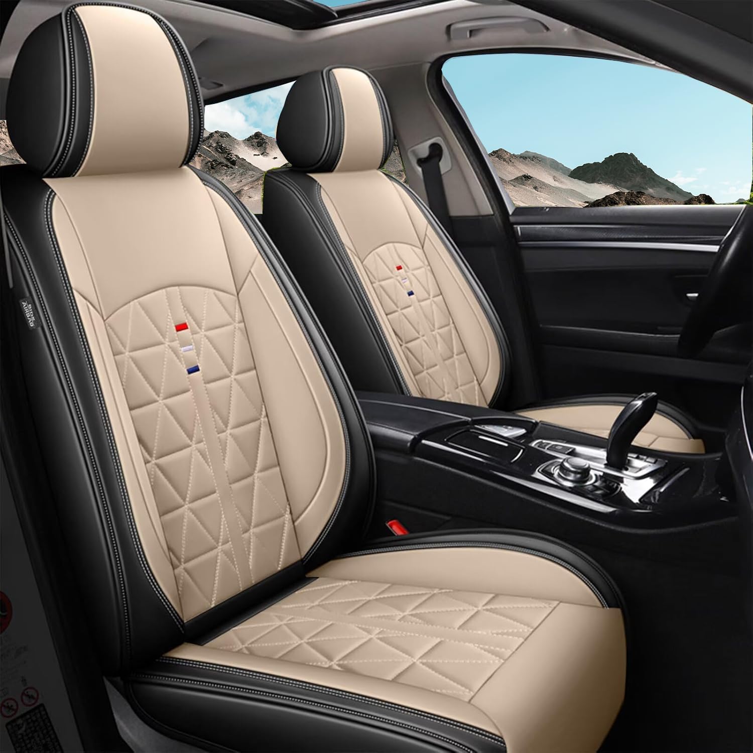 DISUTOGO Front Seat Covers for Honda Accord 2003-2017 Waterproof Premium Leather Seat Covers,Anti-Slip,Unique Design&Easy Install Seat Protector (2 Seats, Black&Beige)