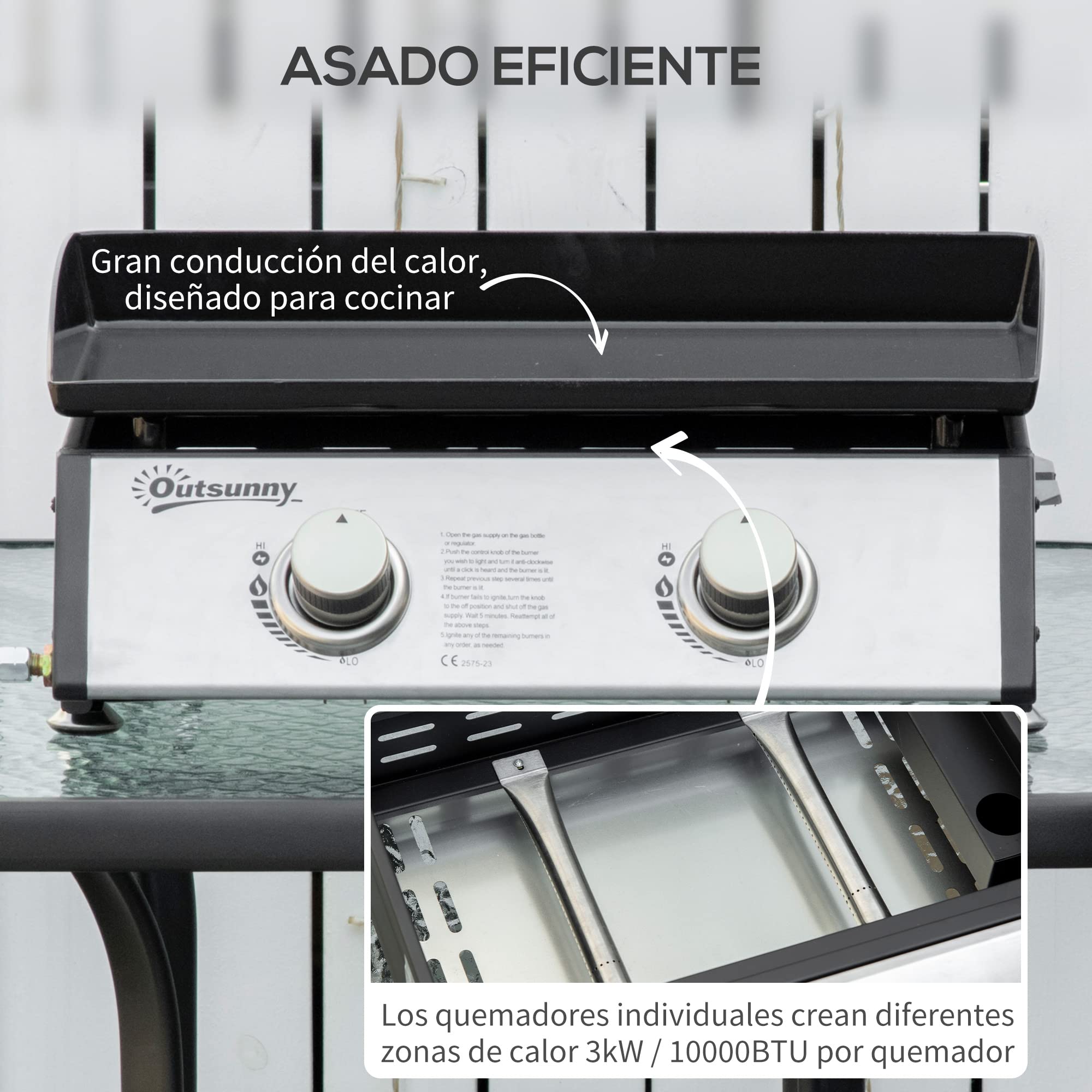 Outsunny Plancha de Gas Sobremesa con 2 Quemadores de Acero Inoxidable 6kW Barbacoa Portátil con Plancha para Picnic Camping 48,5x48x21cm Negro Plata