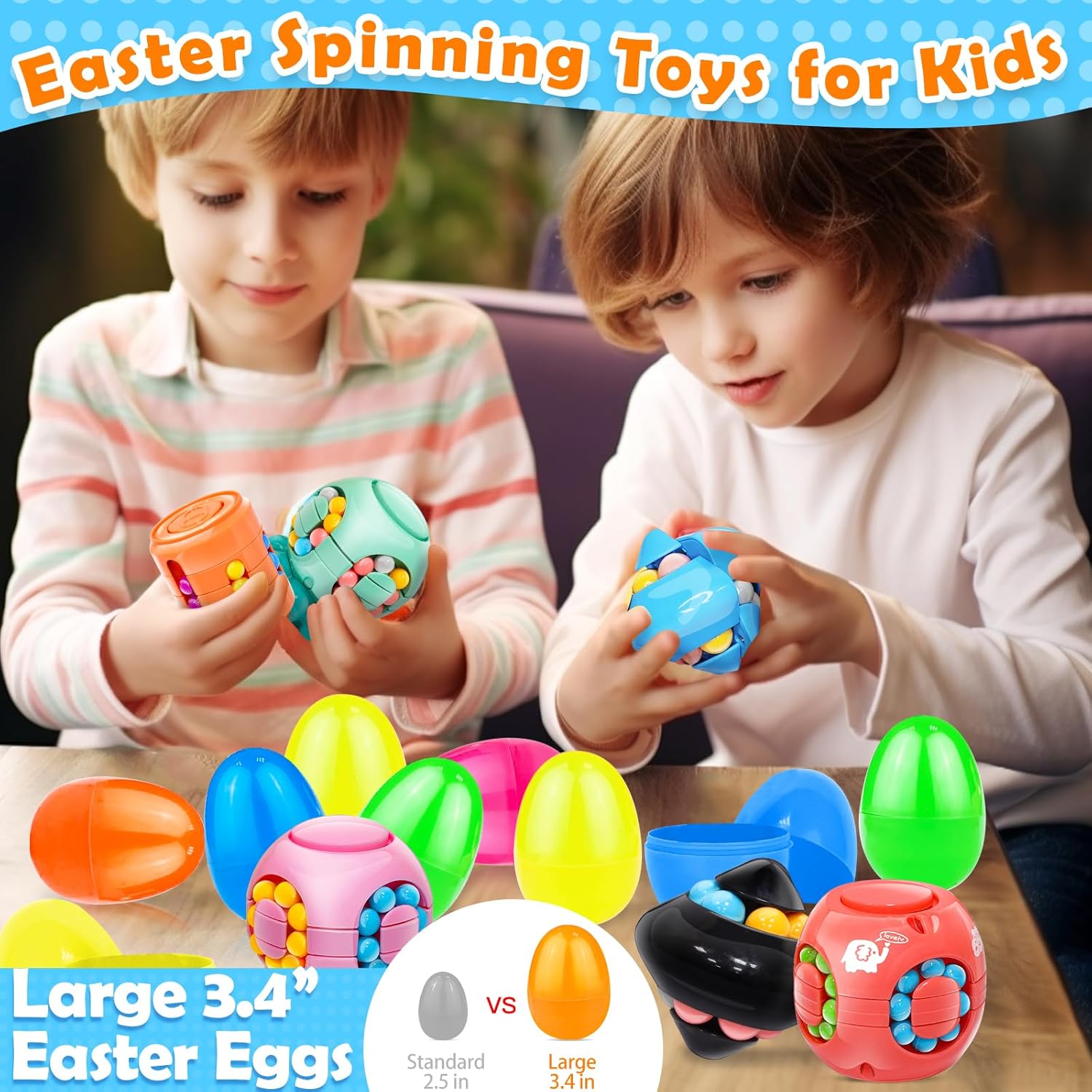 12 Pack 3.4" Jumbo Filled Easter Eggs with Toys Magic Bean Cubes, Fidget Puzzle Toy Brain Teaser Easter Basket Stuffer Egg Fillers, Stress Relief Party Favors Gifts Kid Toddler Teen Classroom Prizes