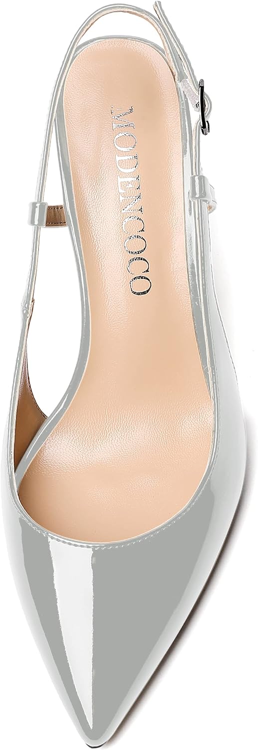 MODENCOCO Women's Pointed Toe Slingback Pumps - 3.5" Block Heel With Ankle Strap, Patent Leather - View #2