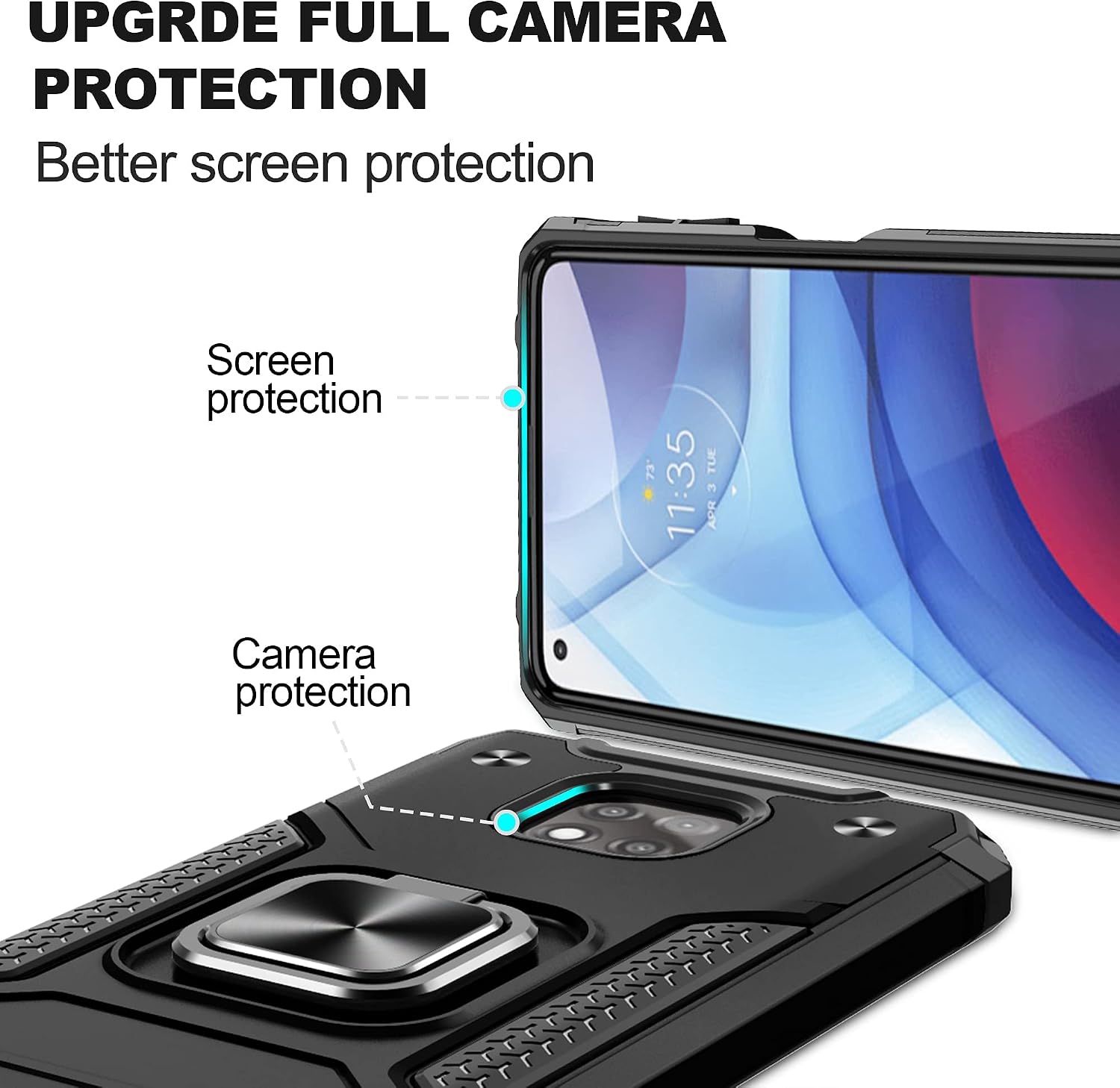 Moto G Power 2021 Case (Not for G Power 2020), Atump Rotation Ring Kickstand with HD Screen Protector, [Military Grade] Dual Layer Shock Absorption Protective Case for Motorola G Power 2021, Black