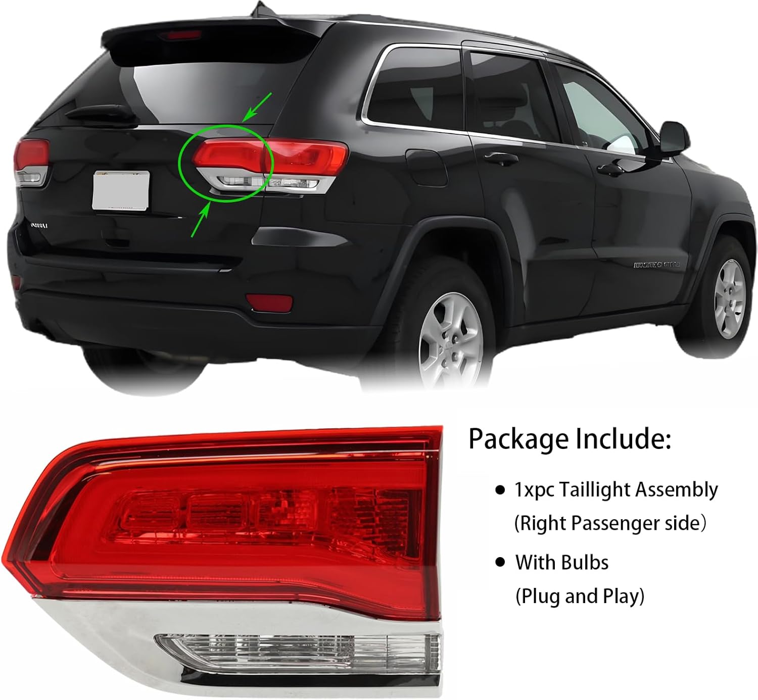 Taillight Assembly With Bulbs For 2014 2015 2016 2017 2018 2019 2020 Jeep Grand Cherokee(WK2) Replacement Tail Lamps Housing Accessory With Chrome Trim Red Lens OE Style Right Passenger Inner side(RH)