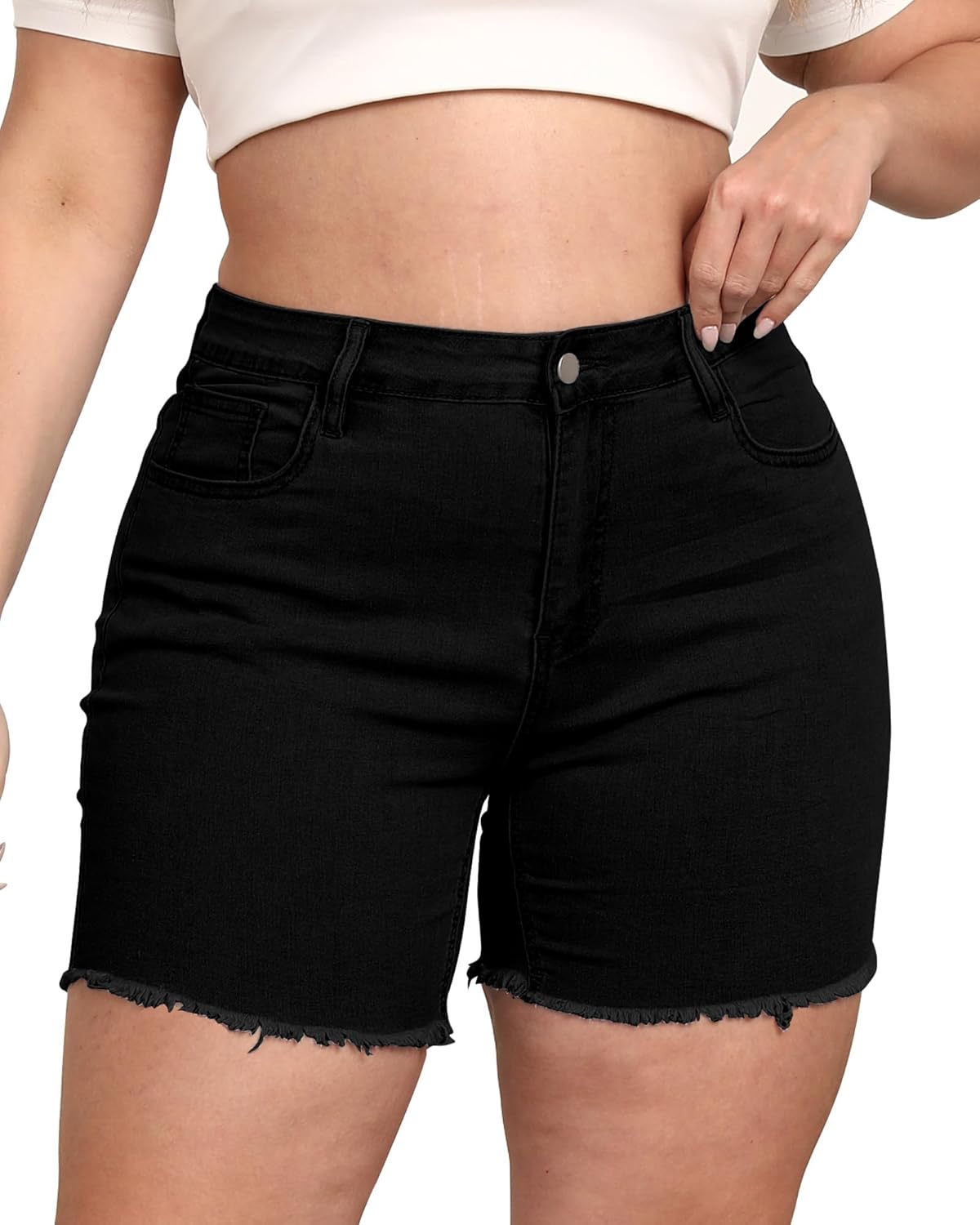 Women Plus Size Jean Shorts Stretchy High Waisted Frayed Raw Hem Denim Shorts 5.5" Inseam
