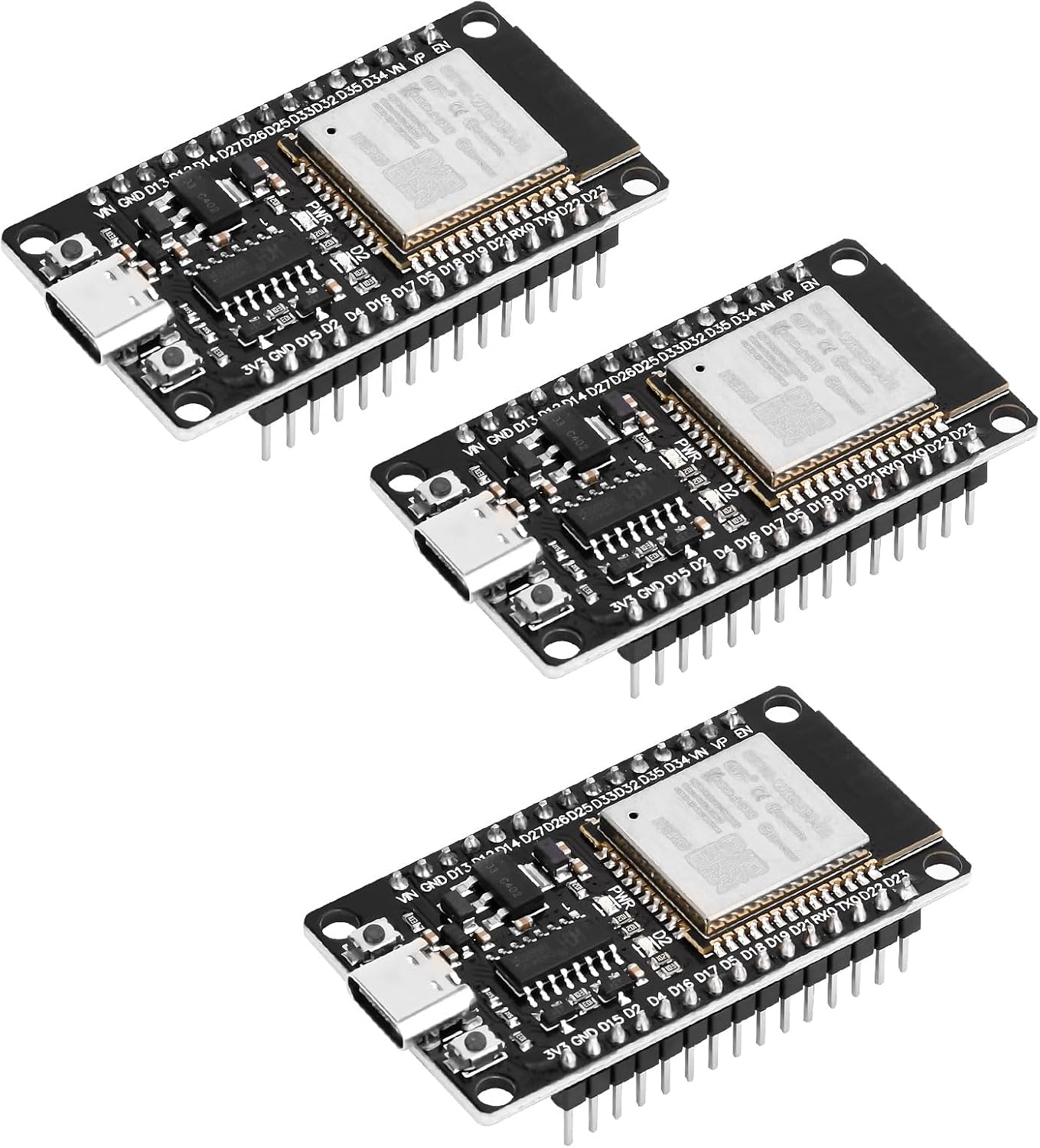 3 stycken ESP32 USB C med CH340-chip NodeMCU WROOM 32 utvecklingskort, 2,4 GHz WiFi + Bluetooth-mikrokontroll