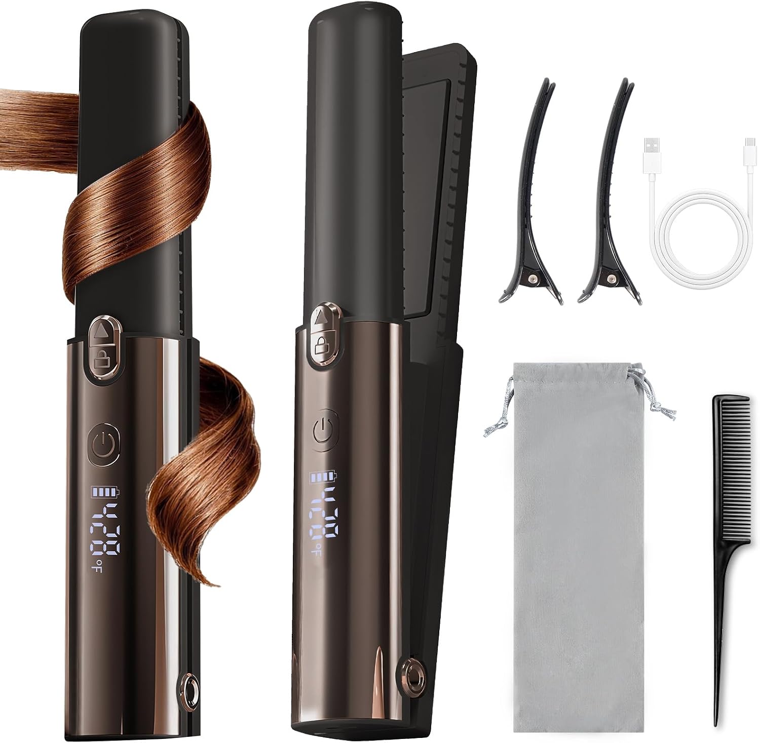 Cordless Hair Straightener and Curler 2 in 1, LAMA Portable Travel Flat Iron with Fast Heating, 7 Temp Control Rechargeable Mini Straightener, Lightweight Ceramic Styler, BR