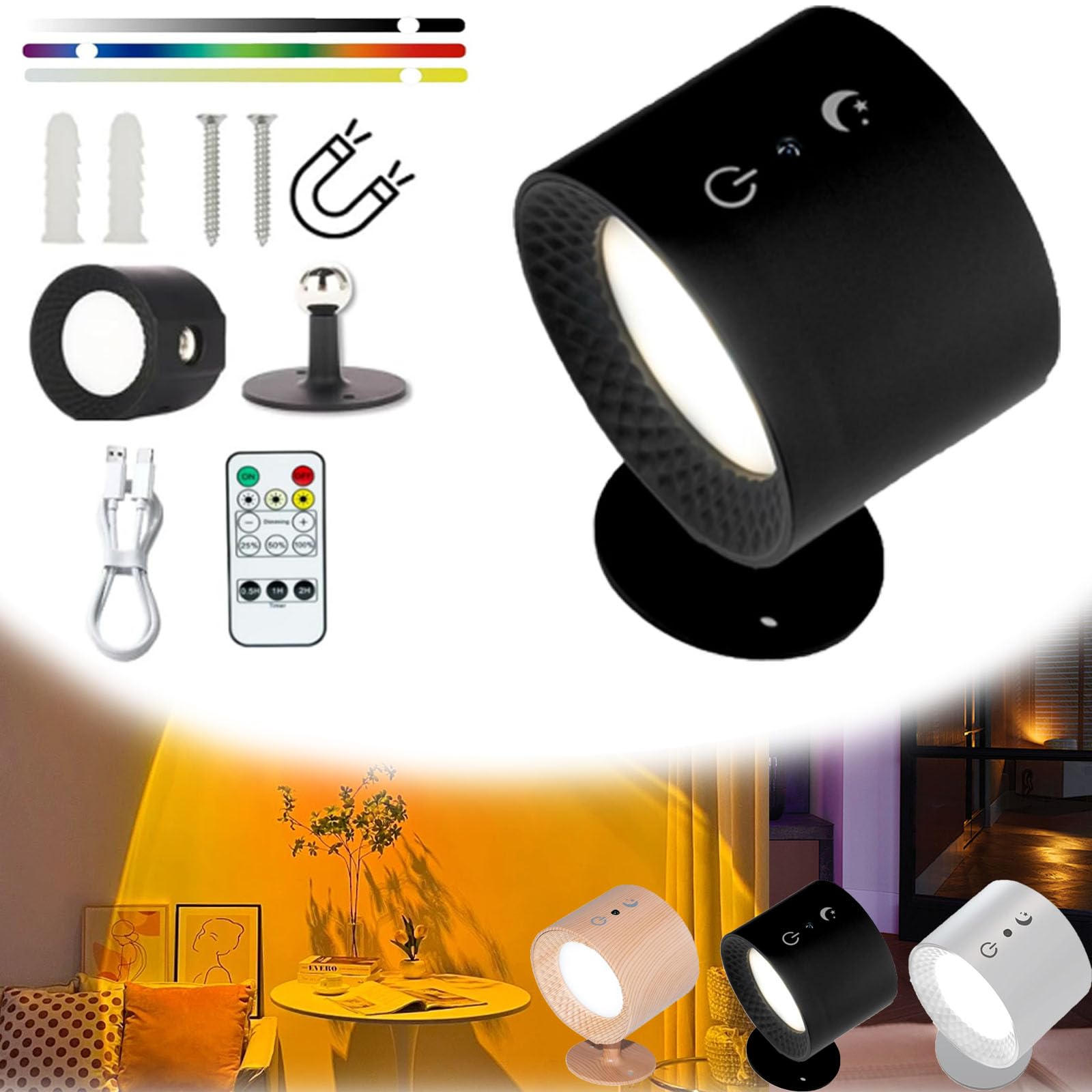 Yagerod Black Glowright Smart Halo Lux Wall Lights - 360° Rotation Lamp, Magnetic,